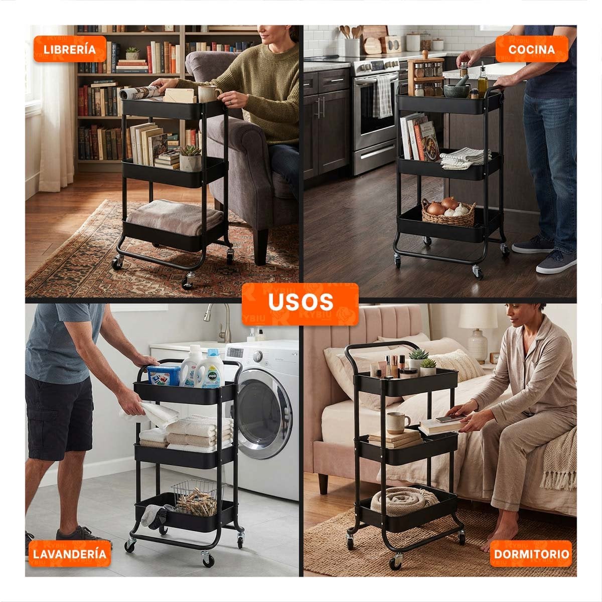 CARRO ESTANTE ORGANIZADOR DE 3 NIVELES MANGO GRANDE Y ASAS METALICAS NEGRO Y STICKY - 3