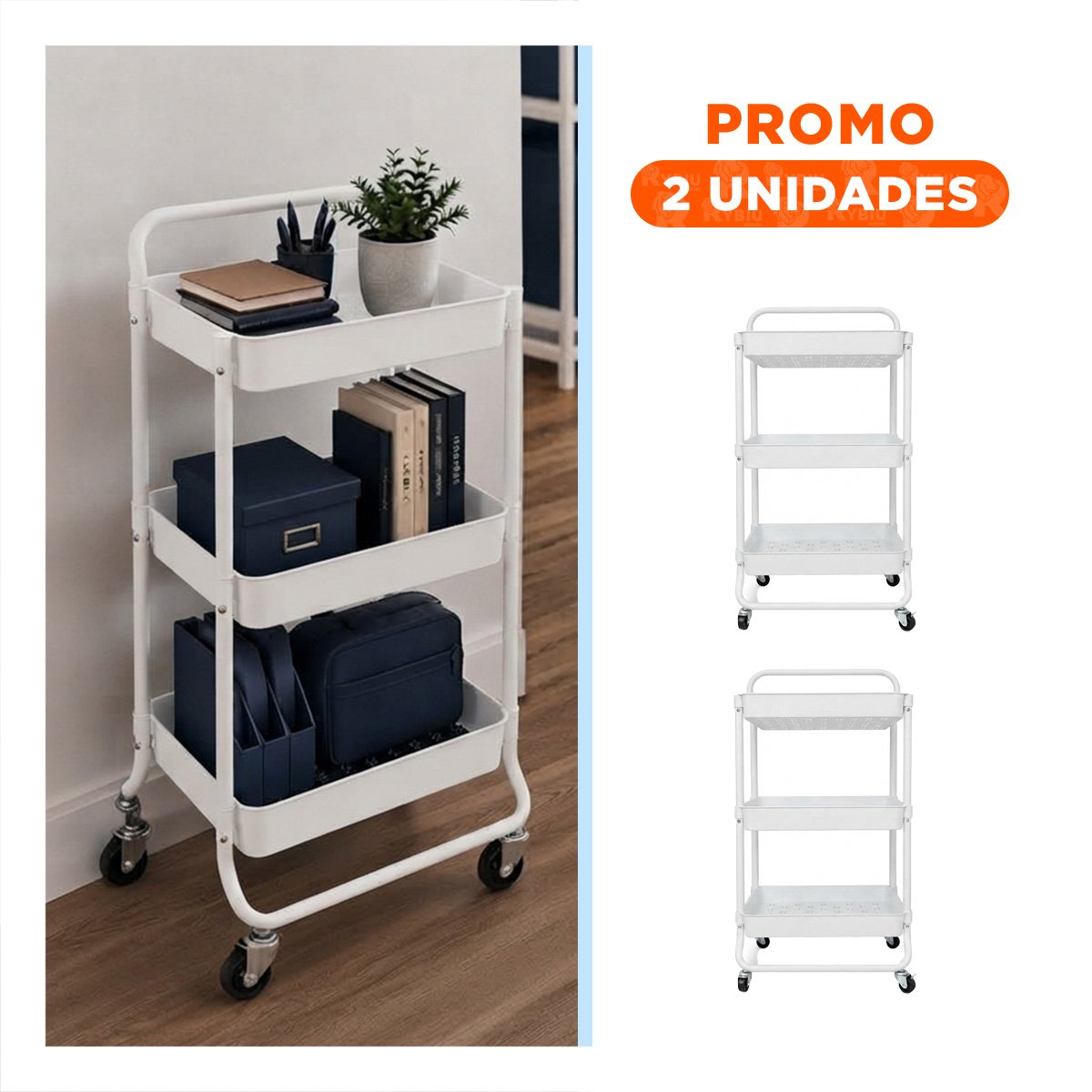 PACK2 ORGANIZADOR CARRITO MOVIL DE 3 NIVELES MANGO GRANDE ASAS METAL HOGAR YREGALO STICKER - 1