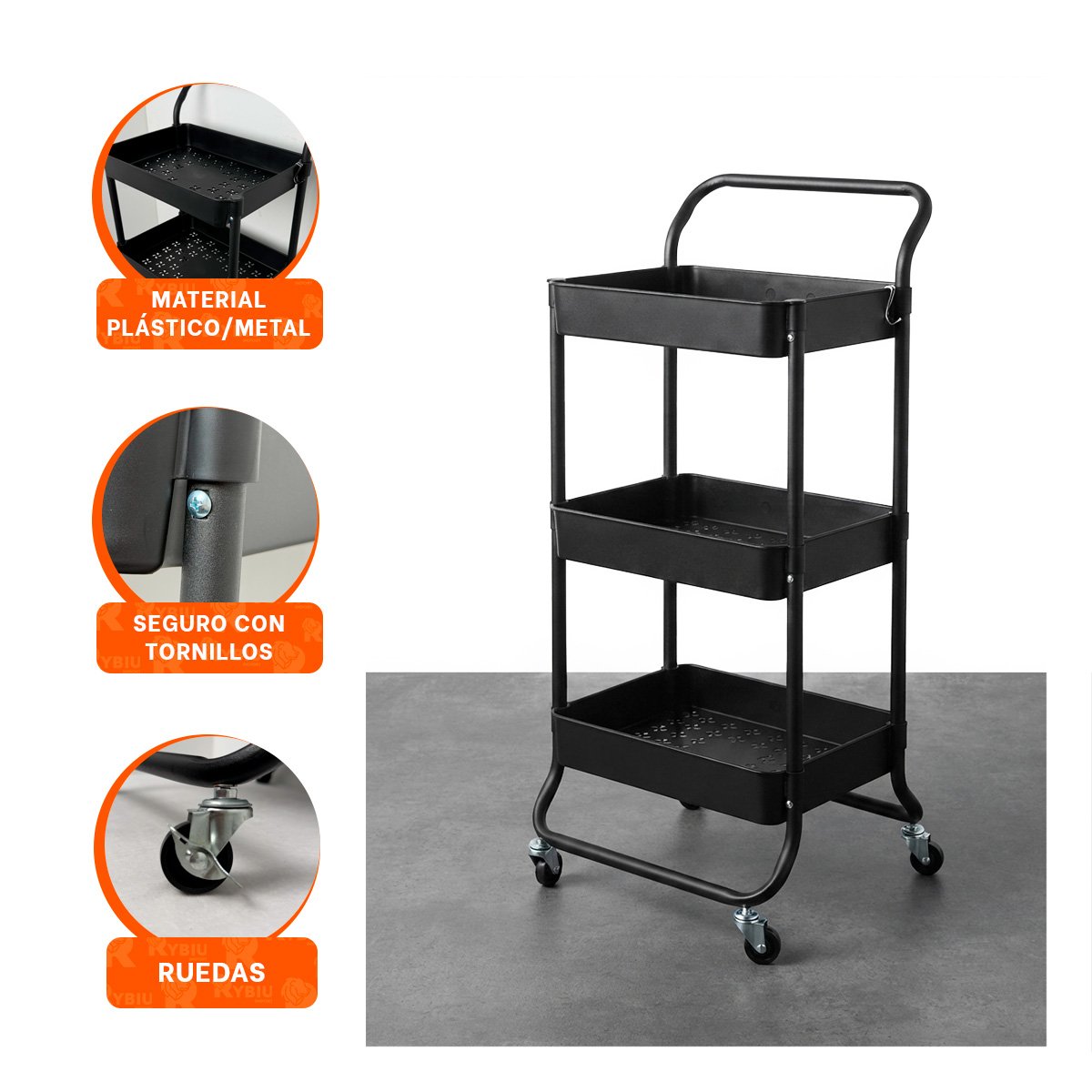 CARRITO ESTANTE MOVIL DE 3 NIVELES CON MANGO GRANDE Y BANDEJA PLASTICO NEGRO Y PAPEL REGALO - 4