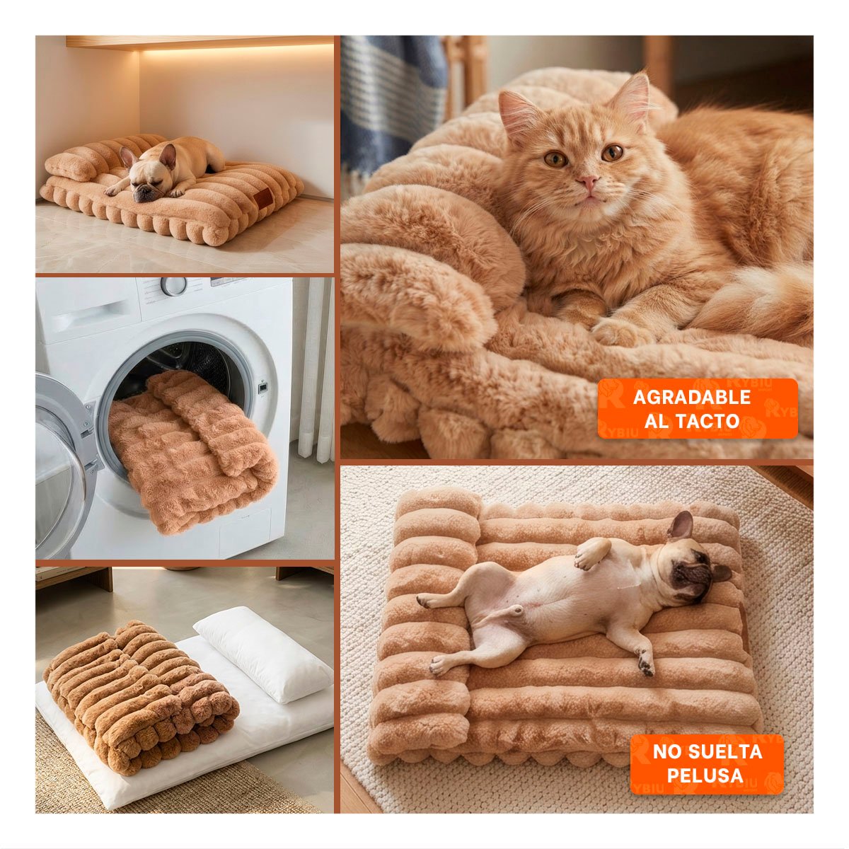 CAMA RECTANGULAR CON ALMOHADA A RAYAS PARA MASCOTAS Y PERROS MARRON - 3