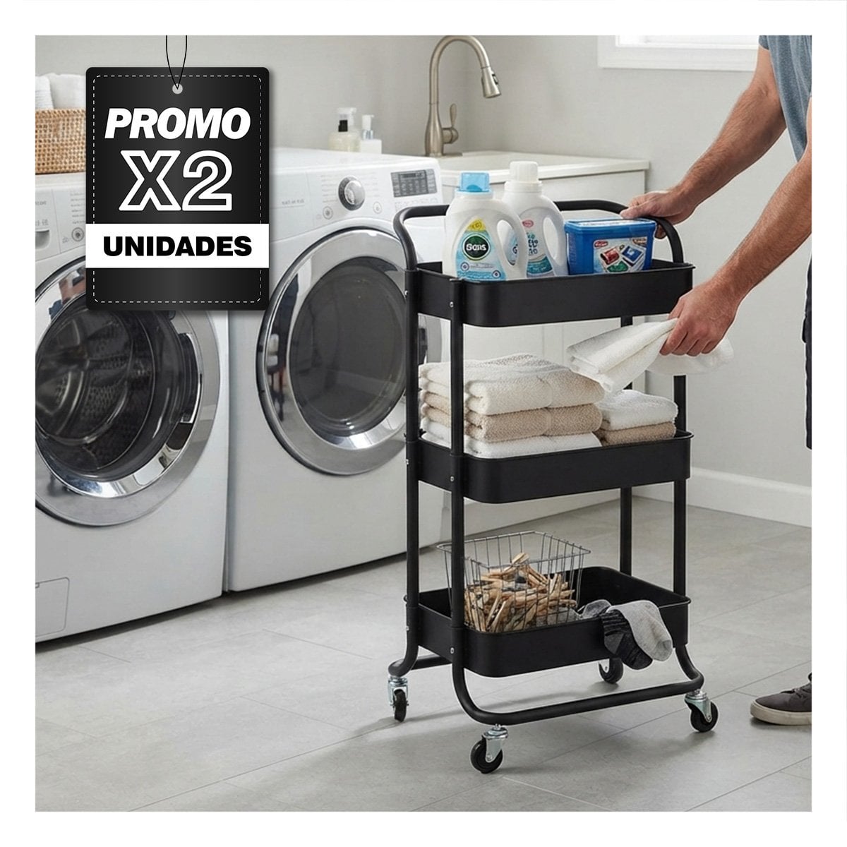 PACK2 CARRITO ESTANTE AUXILIAR DE 3 NIVELES MANGO GRANDE MANTENER EL ORDEN NEGRO - 1
