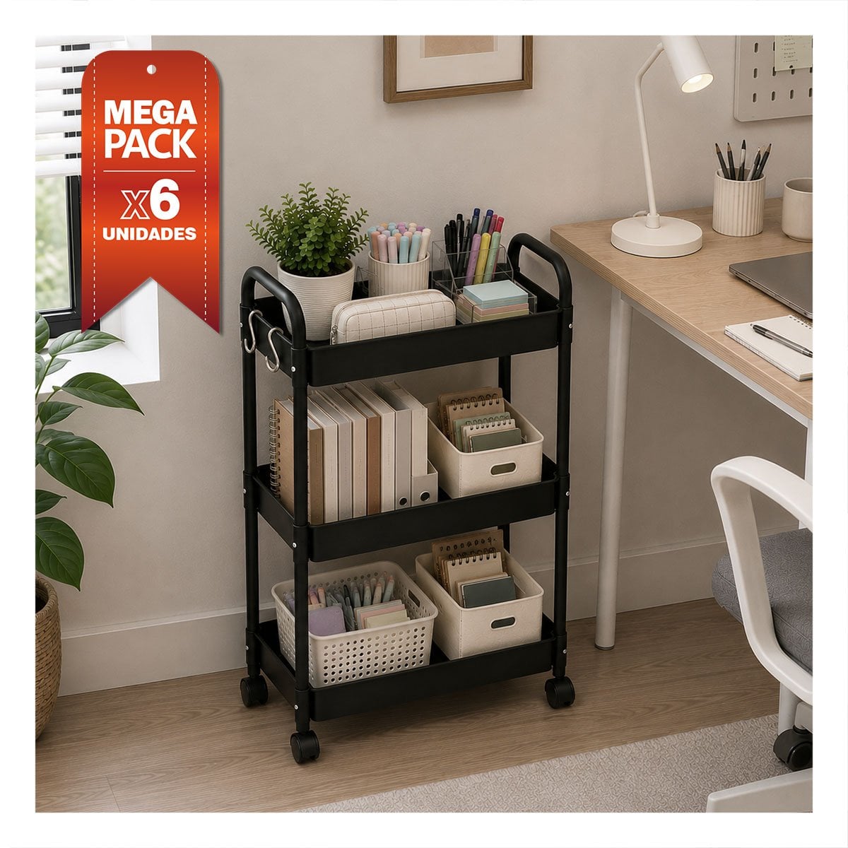 PACK6 MUEBLE CARRITO AUXILIAR DE 3 NIVELES PARA LA COCINA Y EL BANO NEGRO YPAPEL REGALO - 1
