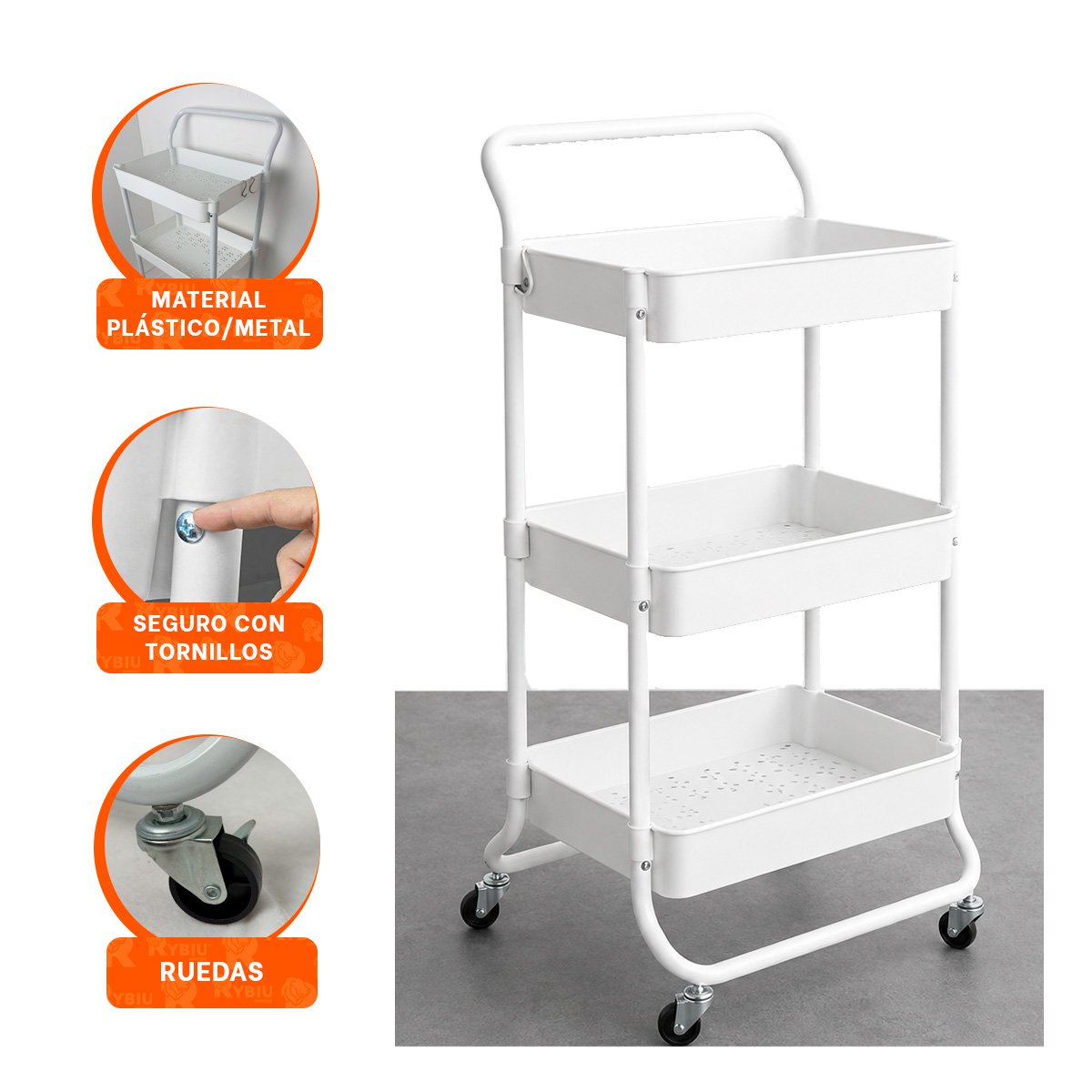 CARRO ESTANTE ORGANIZADOR DE 3 NIVELES MANGO GRANDE ASAS METALICAS BLANCO Y STICKY - 4