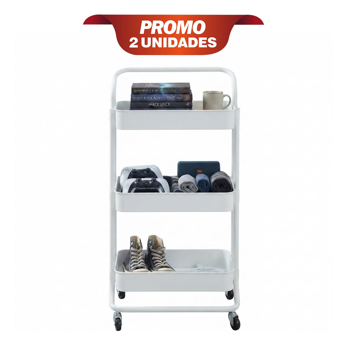 PACK2 CARRITO ESTANTE ORGANIZADOR DE 3 NIVELES MANGO GRANDE RUEDAS LA CASA BLANCO YPAPEL REGALO - 1