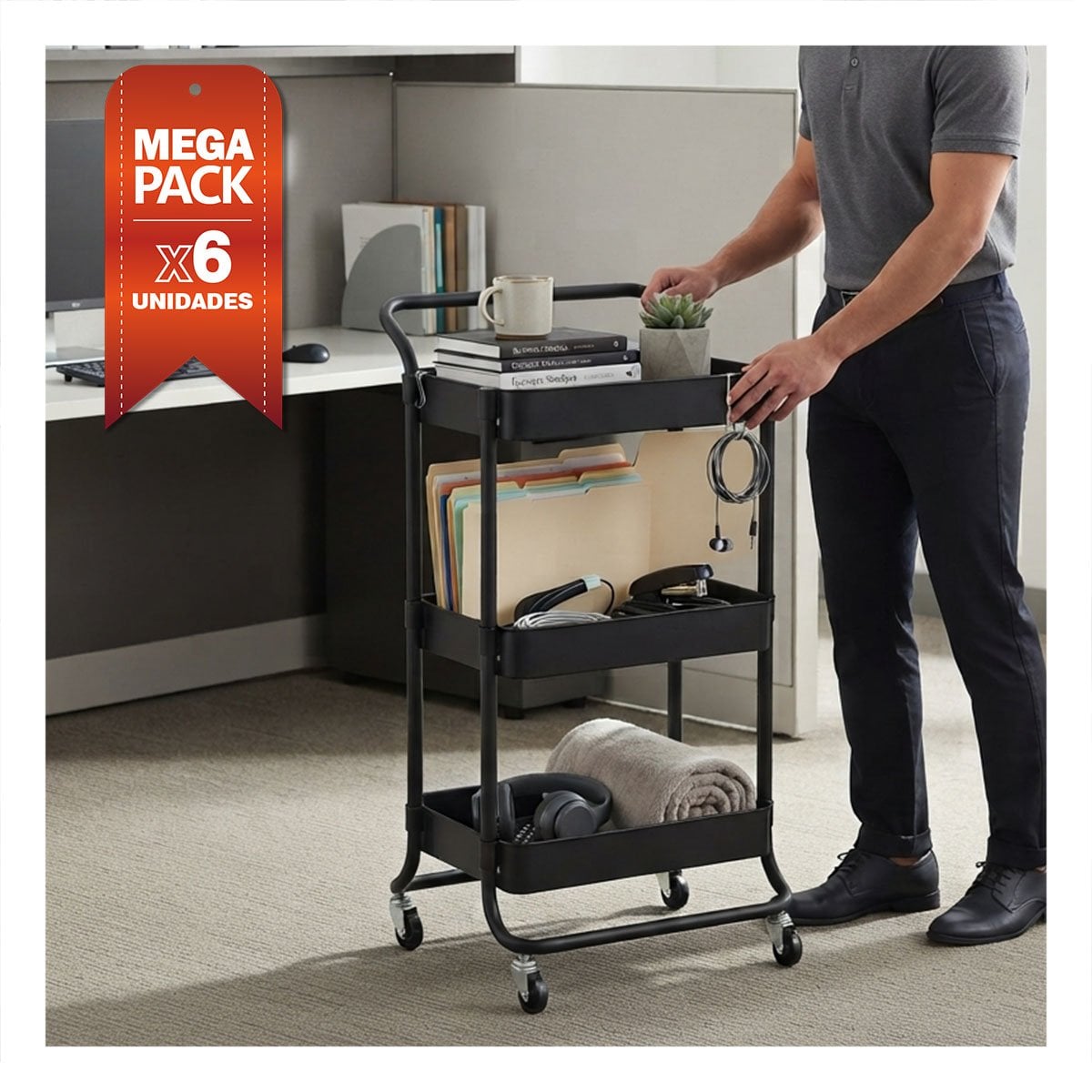 PACK6 MUEBLE CARRITO MULTIUSO DE 3 NIVELES MANGO GRANDE PARA COCINA Y BANO NEGRO YPAPEL REGALO - 1