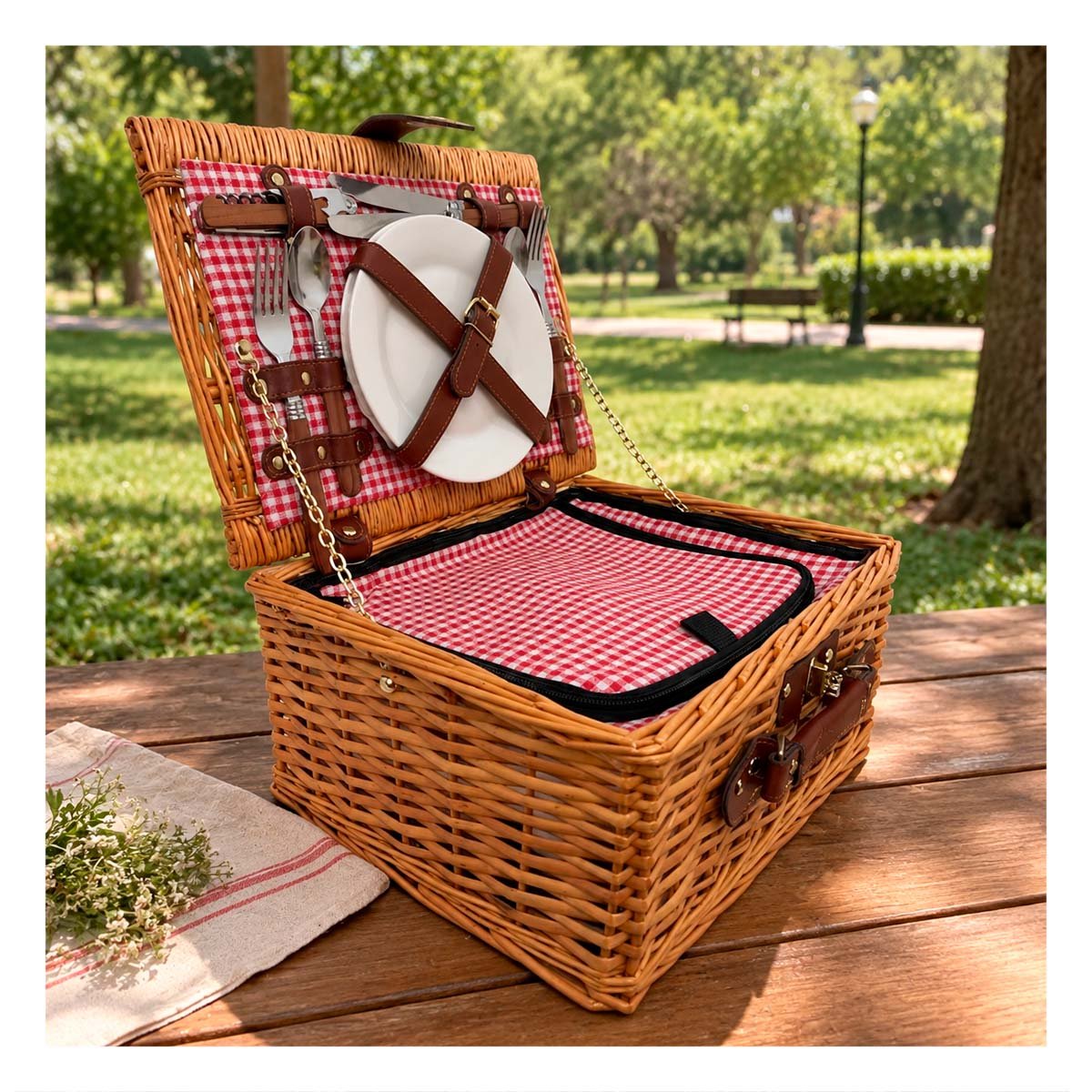 CANASTA CON UTENSILIOS PICNIC TEJIDA MOSTAZA Y ROJO 34X26X17CM PARA PASEOS - 1