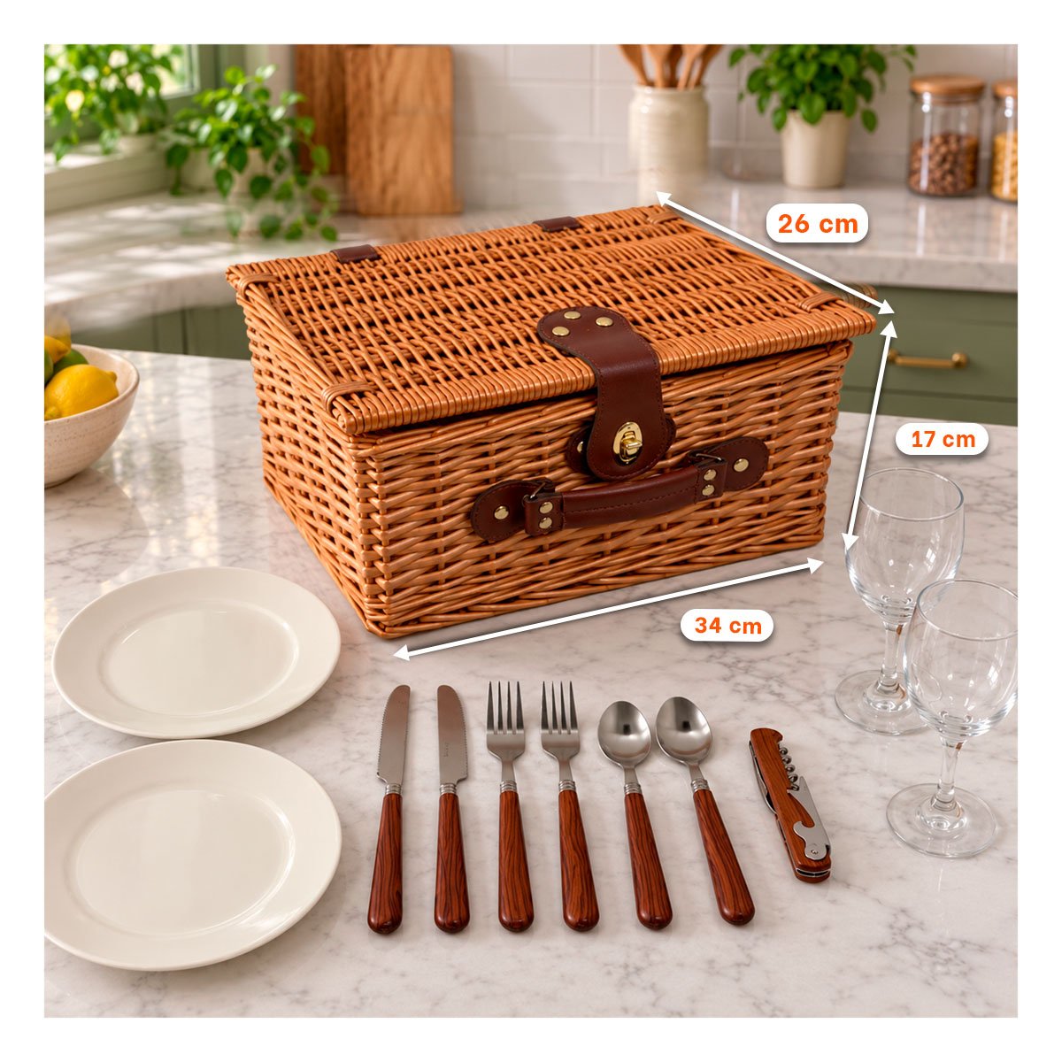 CANASTA CON UTENSILIOS PICNIC TEJIDA MOSTAZA Y ROJO 34X26X17CM PARA PASEOS - 2