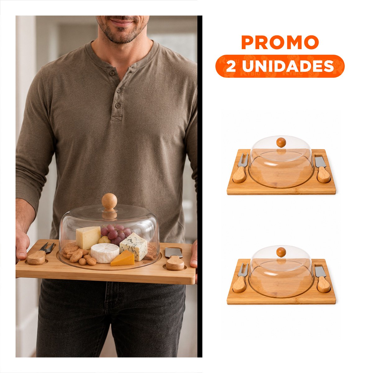 PACK2 BANDEJA RECTANGULAR CON CUPULA DE MADERA CON 2 UTENSILIOS PARA COCINA YREGALO STICKER - 1
