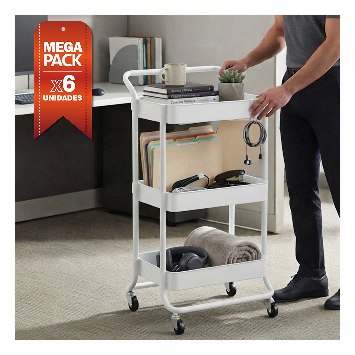 PACK6 ESTANTE CARRITO AUXILIAR DE 3 NIVELES MANGO GRANDE GUARDAR COSAS HOGAR YPAPEL REGALO - 1