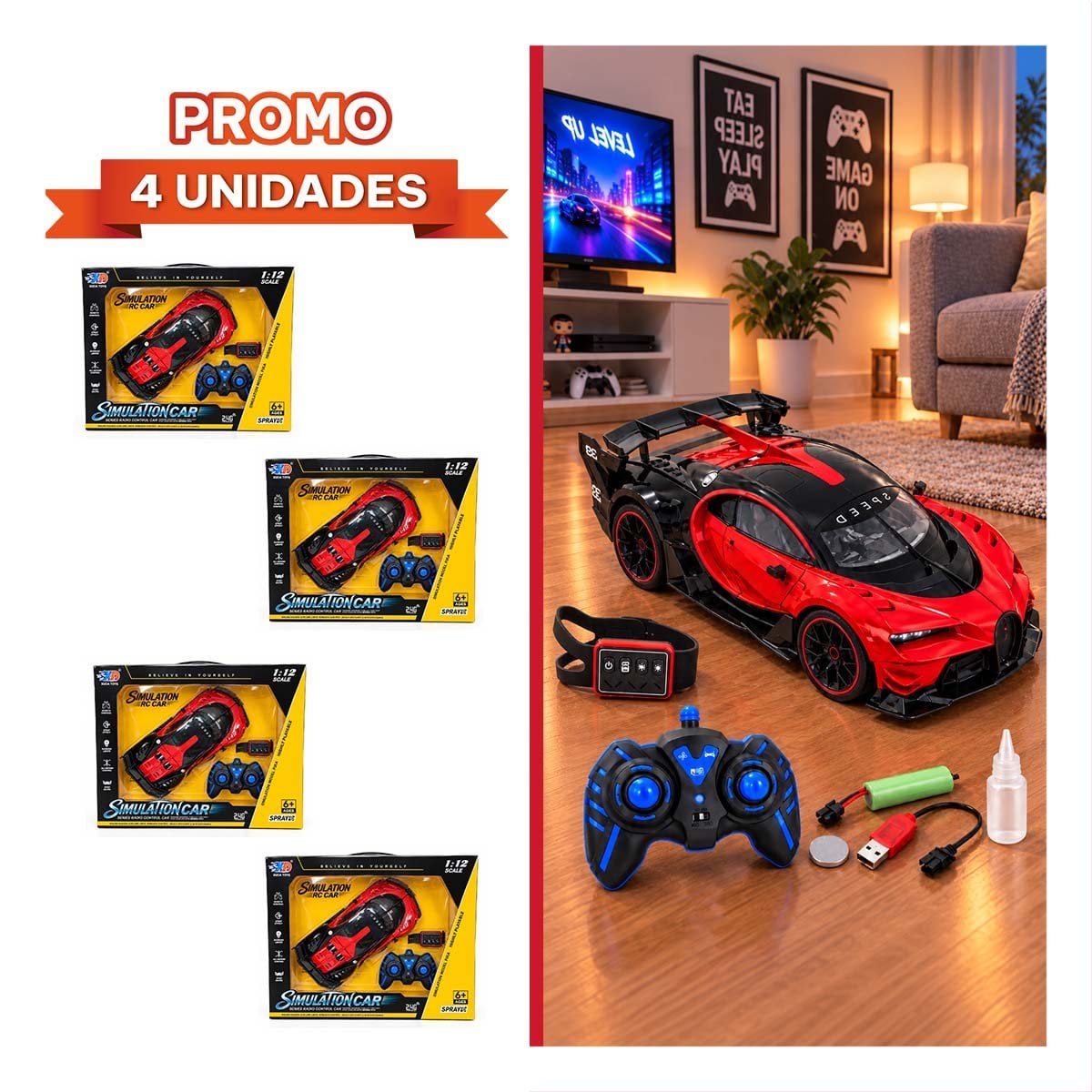 PACK4 CAMIONETA A CONTROL REMOTO Y RELOJ CON SENSOR DE MOVIMIENTO MODERNO YREGALO STICKER - 1