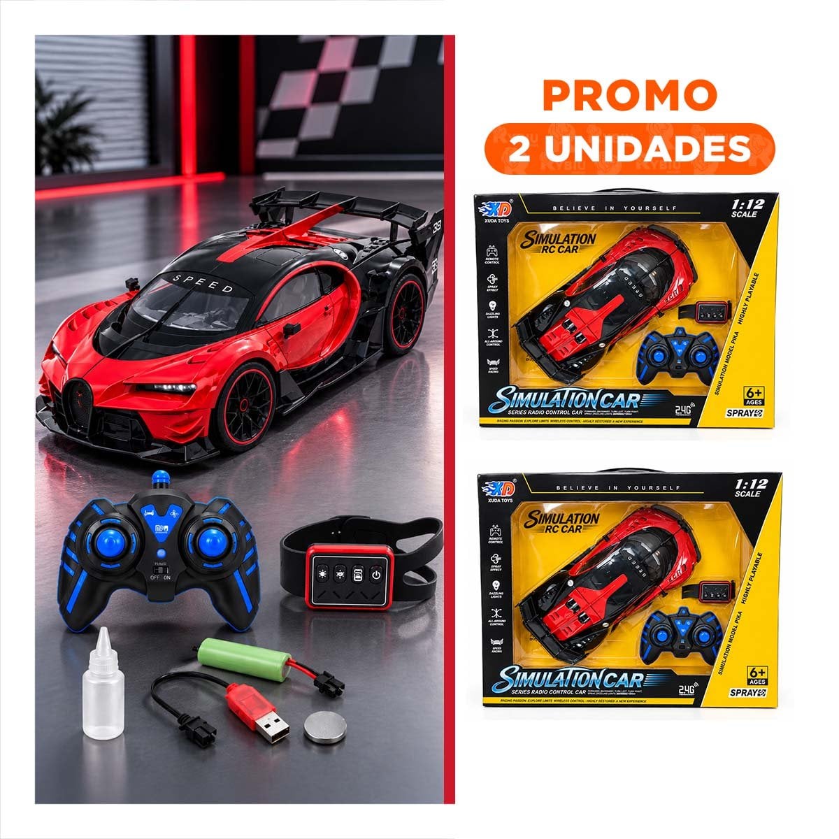PACK2 DEPORTIVO A CONTROL REMOTO Y RELOJ DE PULSERA CON SENSOR PARA NINOS ROJO YREGALO STICKER - 1