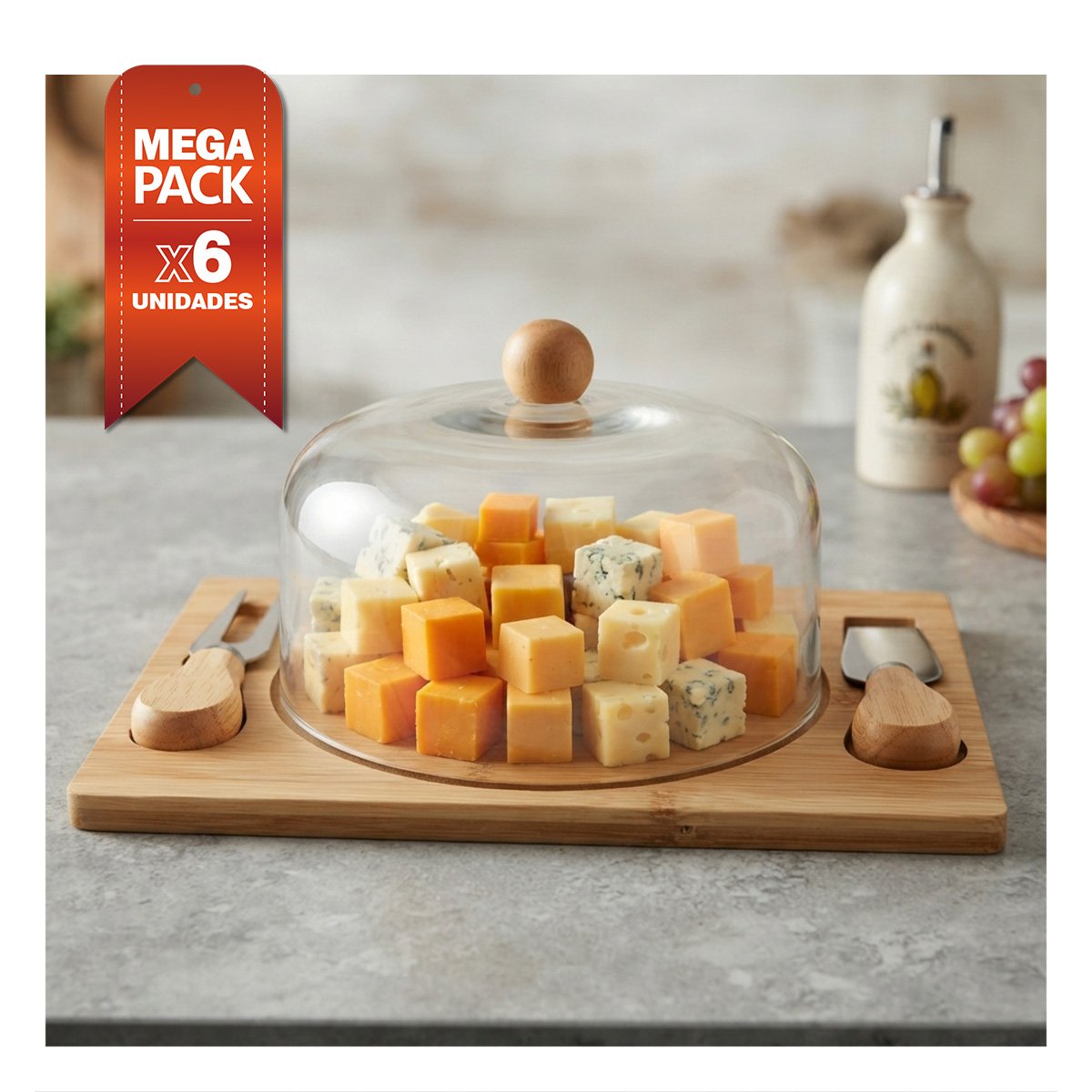 PACK6 BANDEJA DE MADERA RECTANGULAR CON CUPULA CON 2 UTENSILIOS YPAPEL REGALO - 1