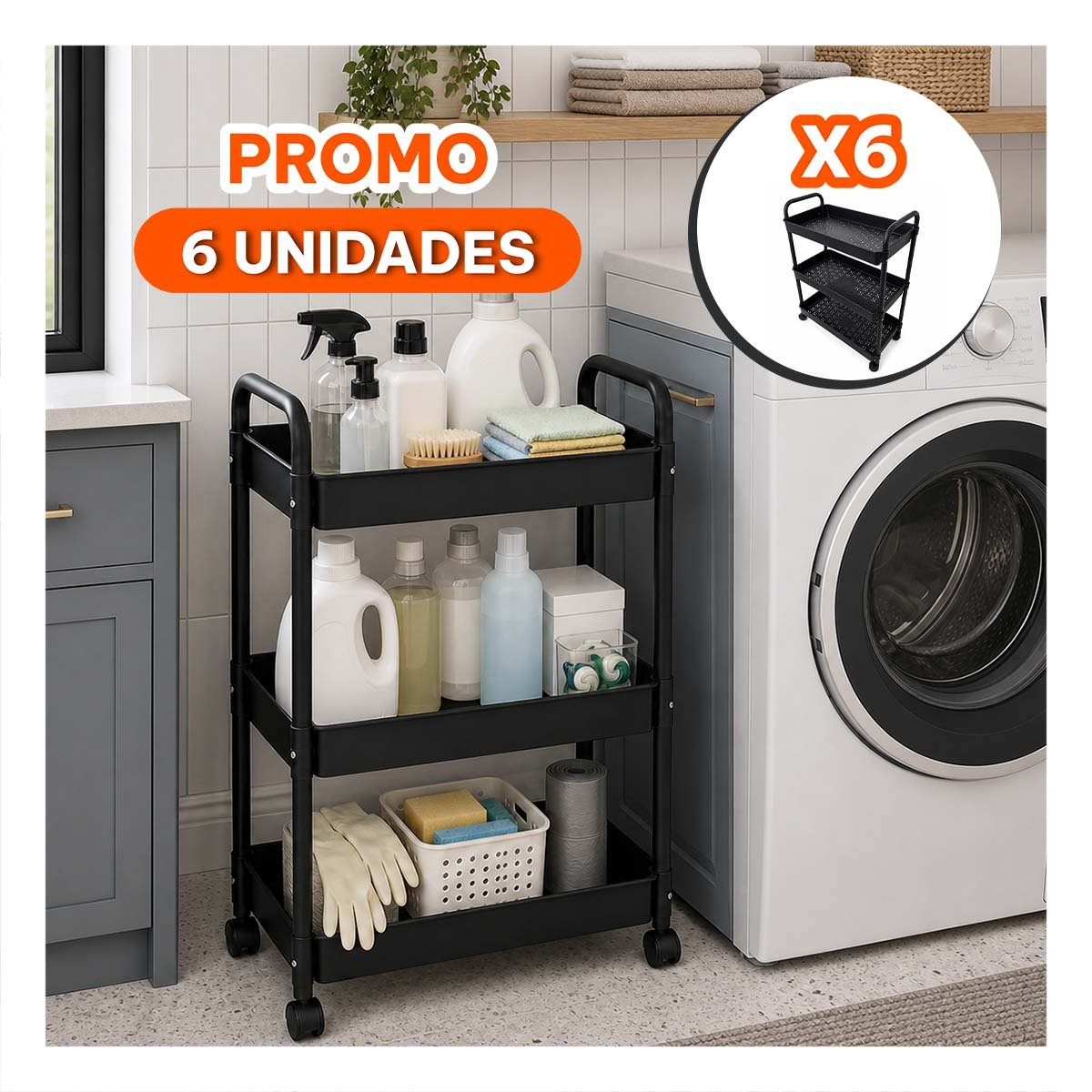 PACK6 ORGANIZADOR CARRITO MULTIUSO DE 3 NIVELES GUARDAR COSAS DEL HOGAR NEGRO YREGALO STICKER - 1