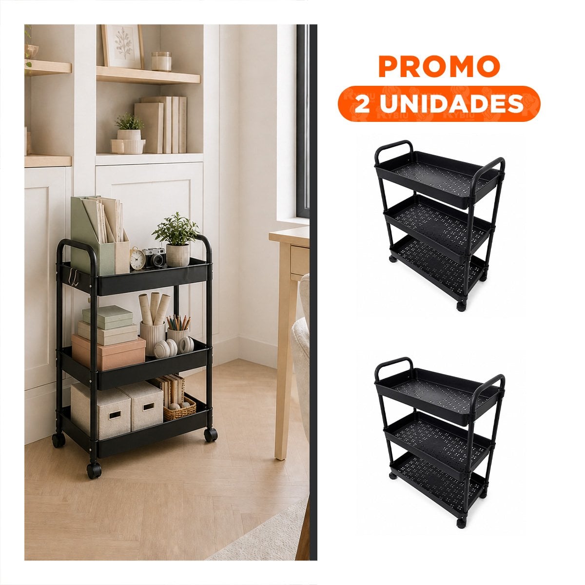 PACK2 ESTANTE CARRITO MOVIL DE 3 NIVELES PRACTICO PARA AHORRAR ESPACIO NEGRO YREGALO STICKER - 1