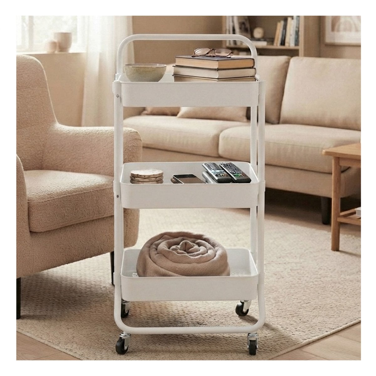 ORGANIZADOR CARRITO MULTIUSO DE 3 NIVELES MANGO GRANDE PARA COCINA BLANCO Y REGALO STICKER - 1