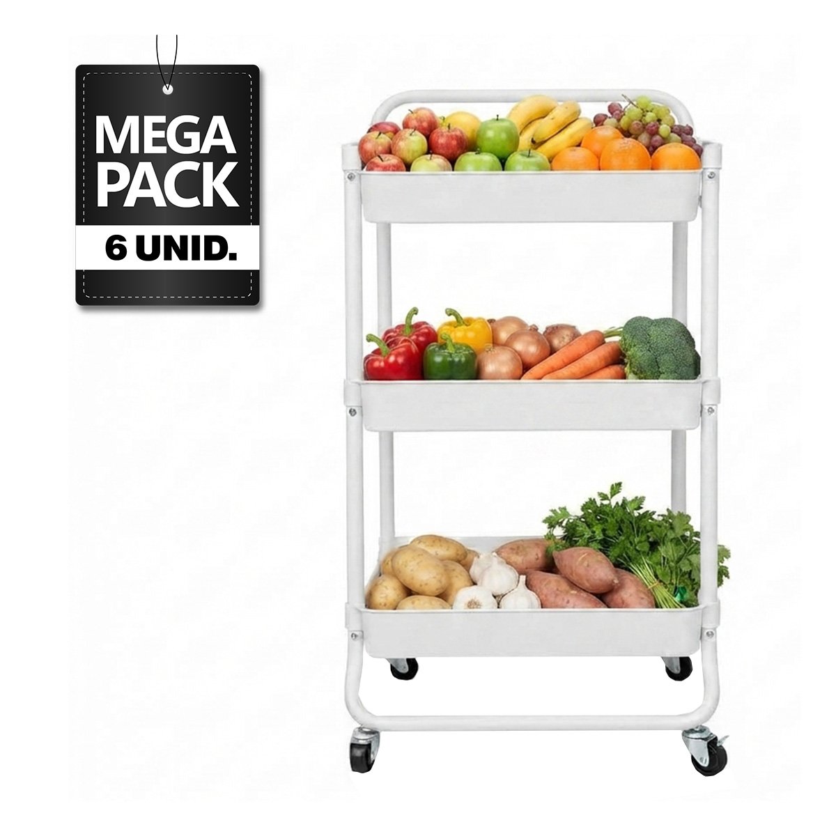 PACK6 CARRO ESTANTE ORGANIZADOR DE 3 NIVELES MANGO GRANDE RUEDAS OFICINA BLANCO - 1