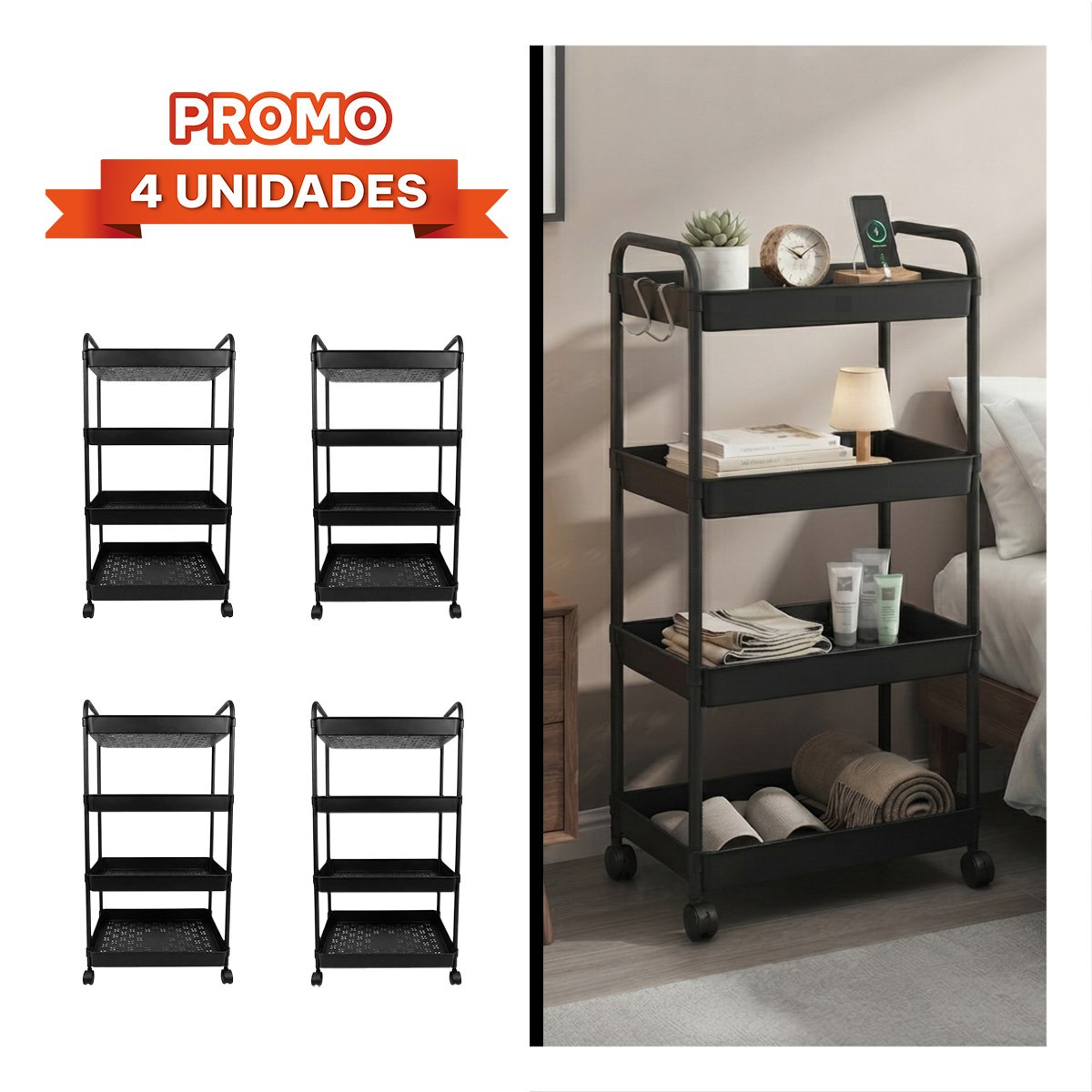 PACK4 ESTANTE CARRITO MOVIL DE 4 NIVELES PRACTICO PARA AHORRAR ESPACIO NEGRO YREGALO STICKER - 1