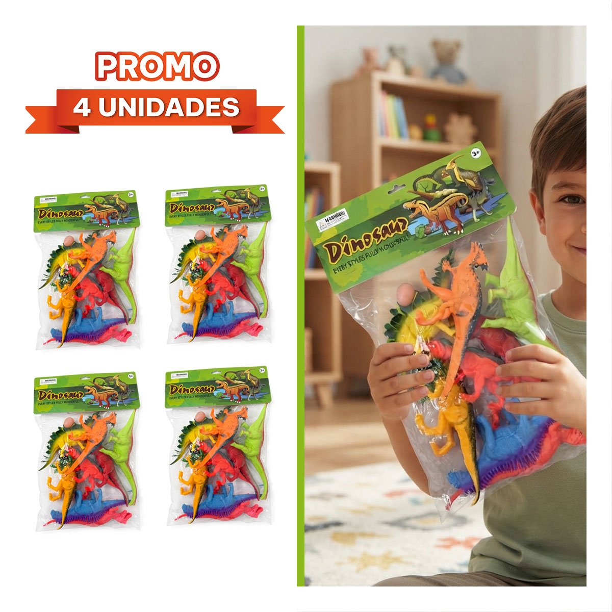 PACK4 4 ACCESORIOS DINOSAURIOS CHIRRIANTE MULTICOLOR PARA NINOS CON 8 PIEZAS YREGALO STICKER - 1