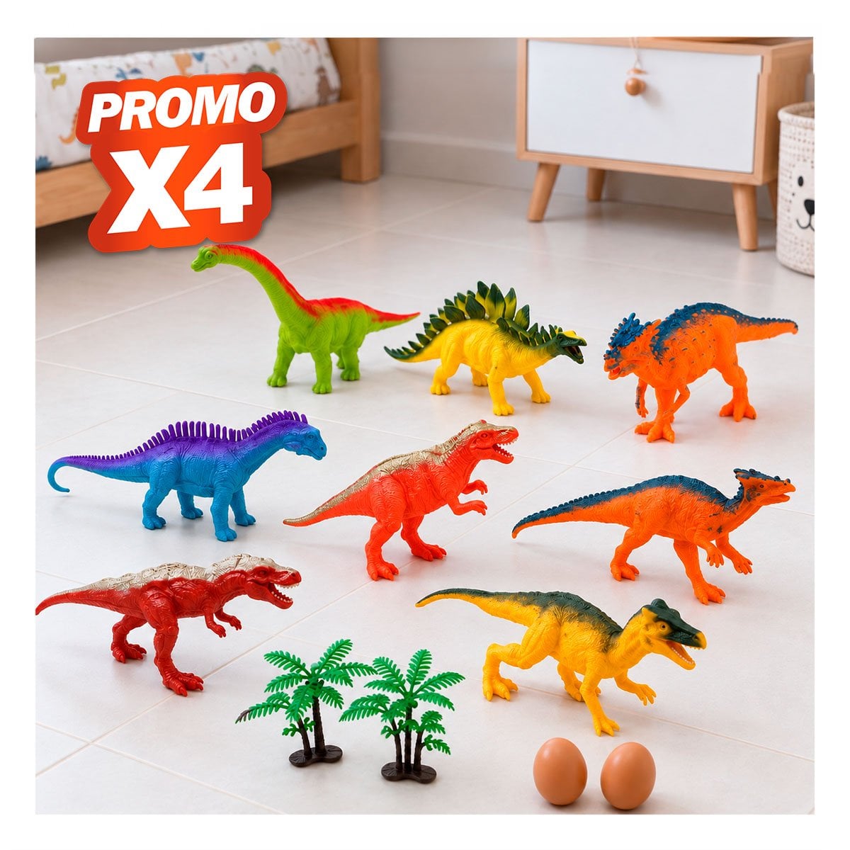 PACK4 8 PIEZAS Y 4 ACCESORIOS KIT DINO ANIMALES CHIRRIANTE MULTICOLOR YPAPEL REGALO - 1