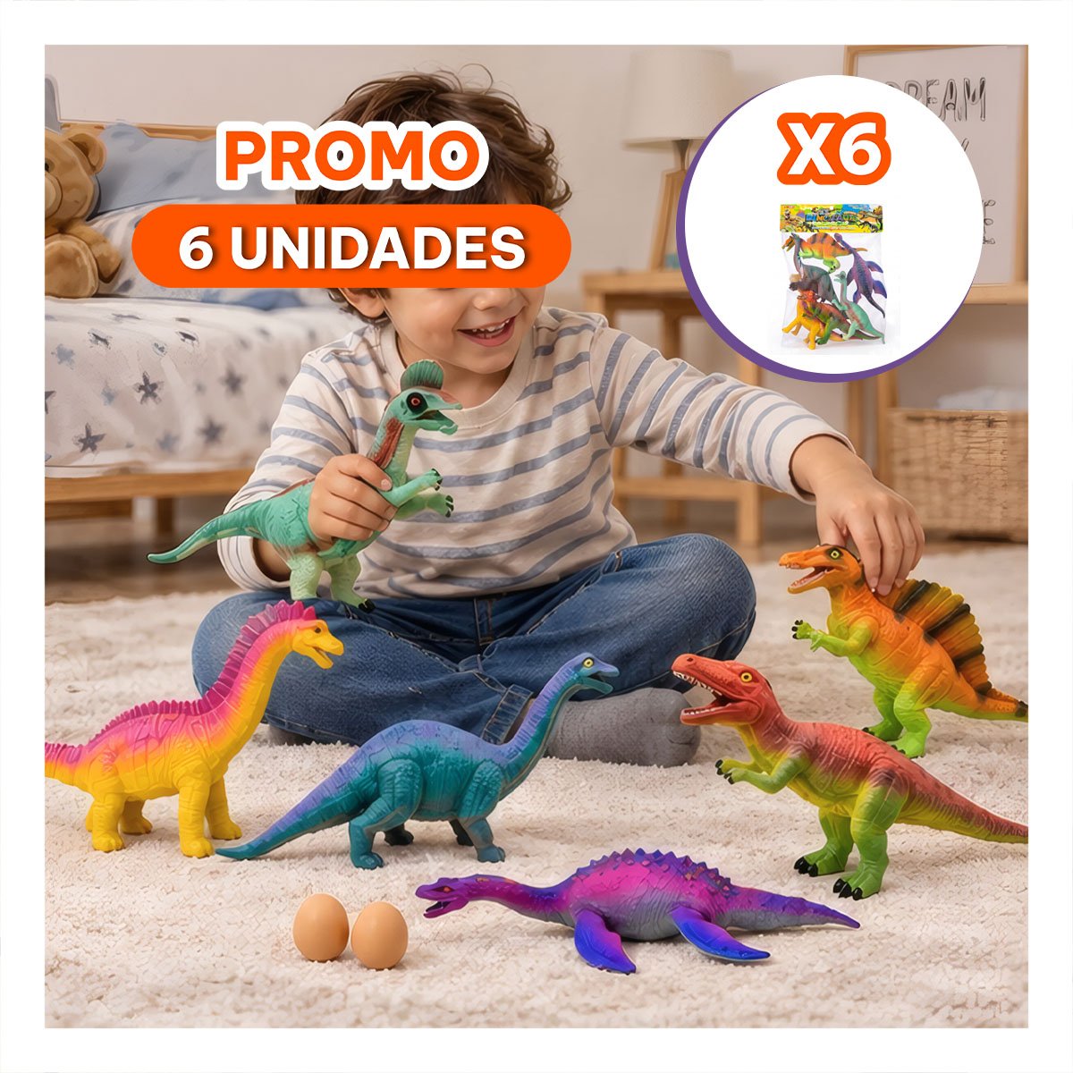 PACK6 PACK DINOSAURIOS CHIRRIANTE MULTICOLOR PARA NINOS PARA JUGAR DIVERTIDO YREGALO STICKER - 1
