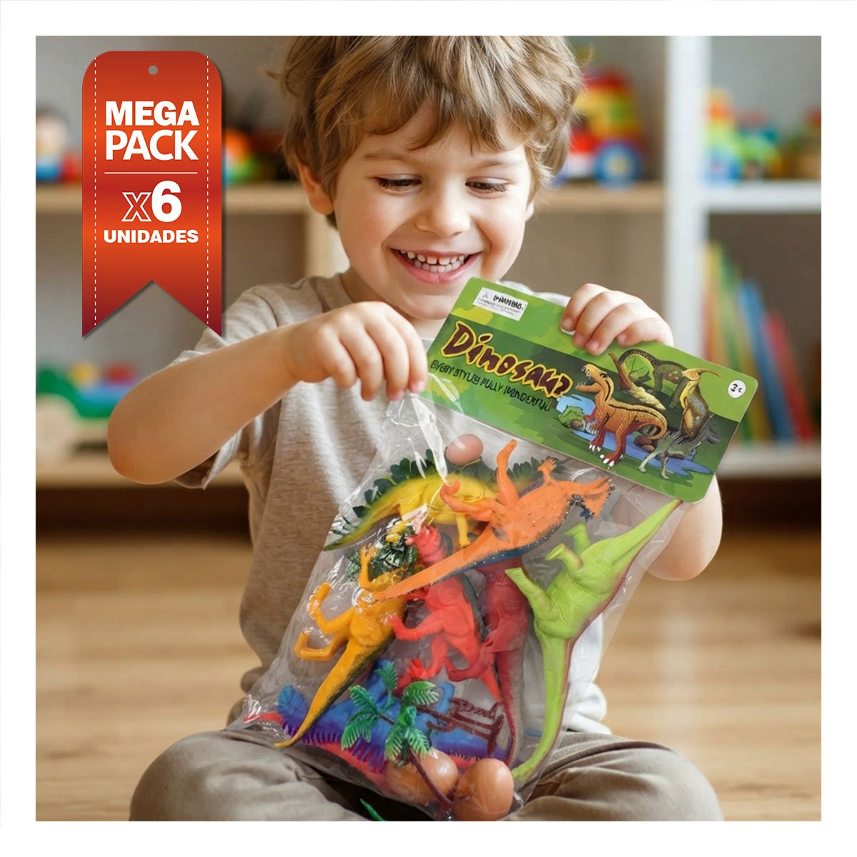 PACK6 CHIRRIANTE MULTICOLOR PARA NINOS CON 8 PIEZAS Y 4 ACCESORIOS DINOSAURIOS YPAPEL REGALO - 1