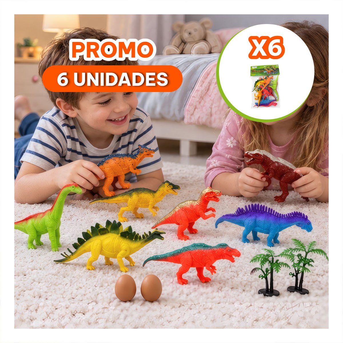 PACK6 MULTICOLOR PARA JUGAR CON 8 PIEZAS Y 4 ACCESORIOS DINOSAURIOS CHIRRIANTE YREGALO STICKER - 1