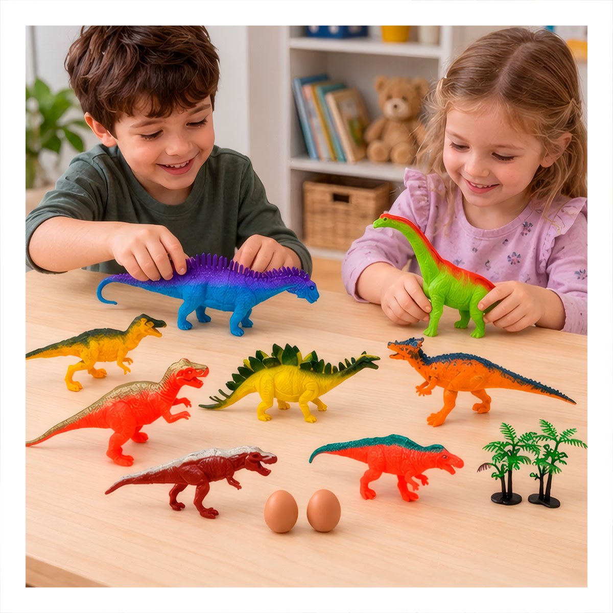 SET JUGUETE DINOSAURIOS CHIRRIANTE MULTICOLOR 8 PIEZAS CON 4 ACCESORIOS ANIMALES CHIRRIANTE - 1