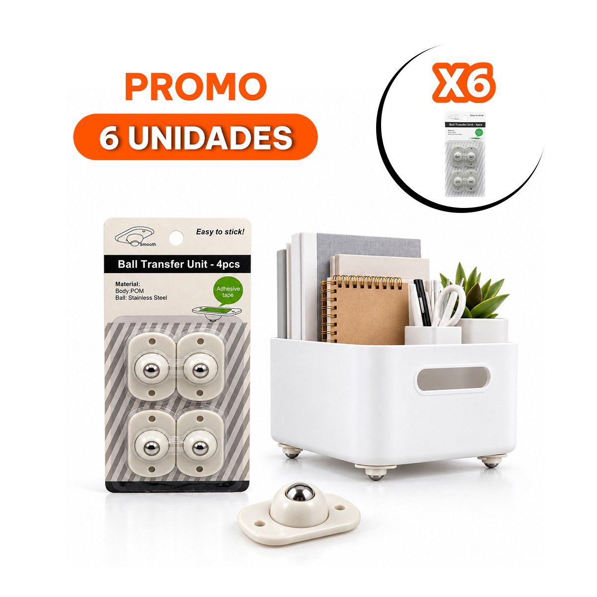 PACK6 PACK DE 4 MINI RUEDAS GIRATORIAS PORTATILES PARA MOVER ESTANTES BLANCO YREGALO STICKER - 1