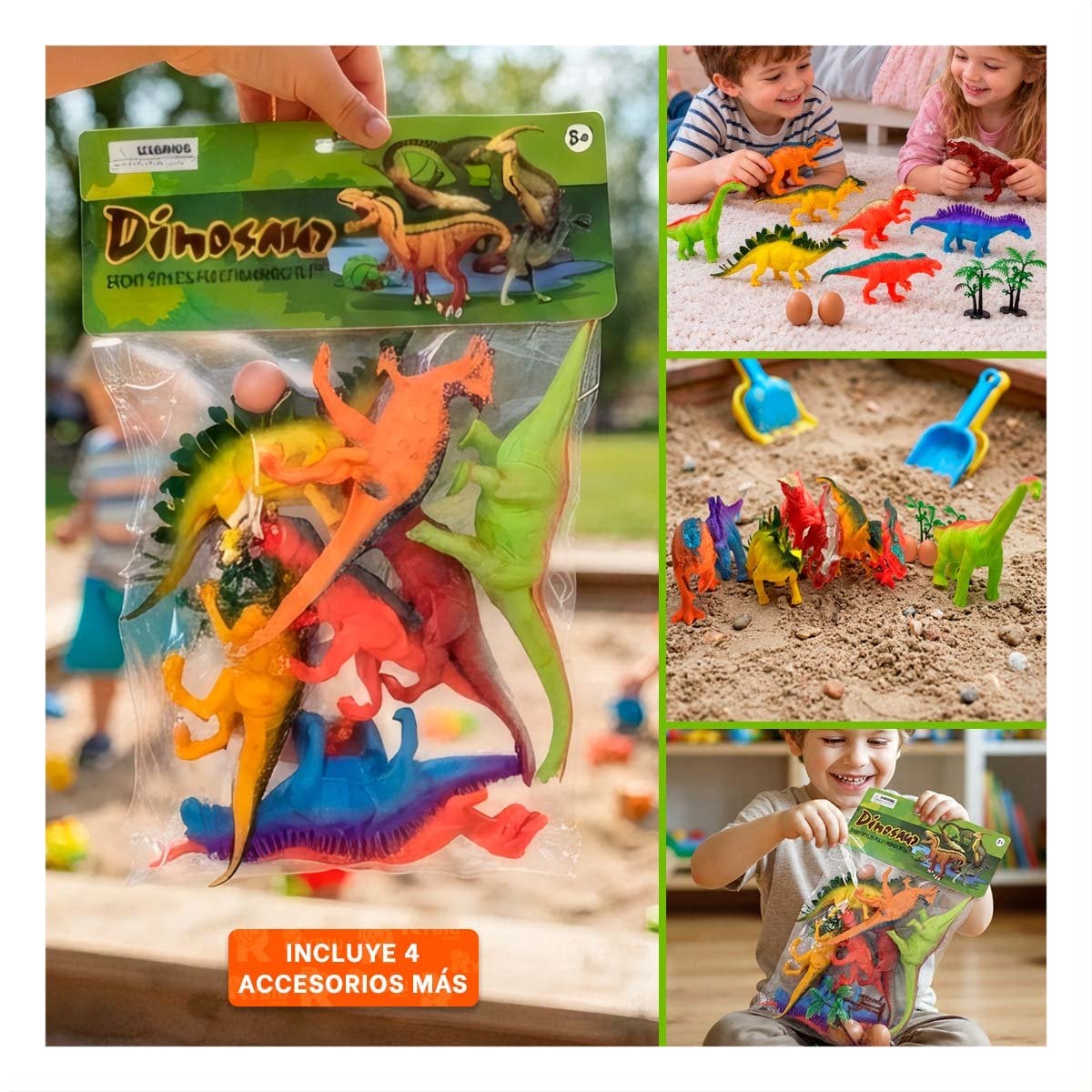 PACK4 CHIRRIANTE MULTICOLOR CON 4 ACCESORIOS Y 8 PIEZAS PARA JUGAR SET DINOSAURIOS CHIRRIANTE - 4