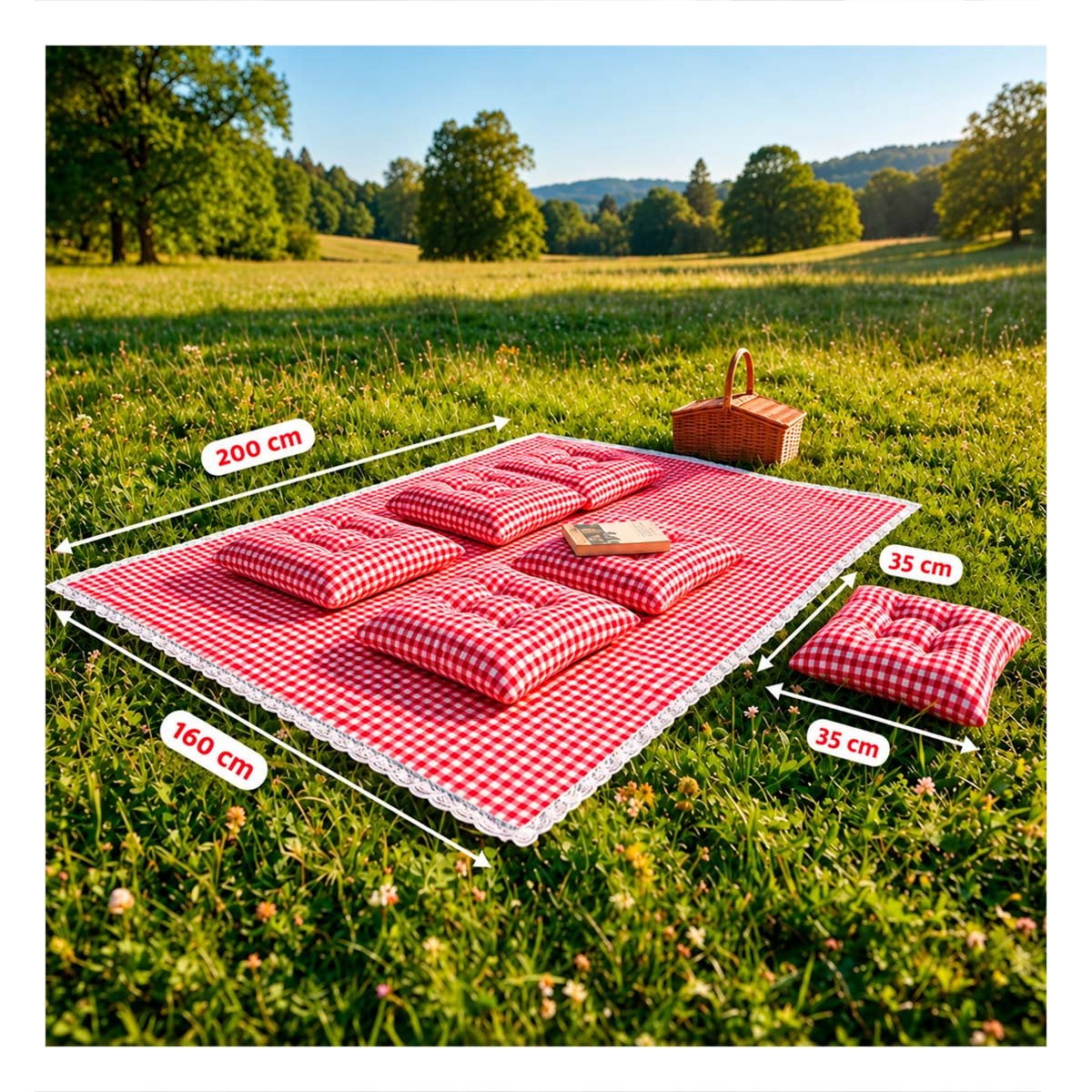 CUBIERTA PICNIC Y 6 COJINES CON BORDE DE ENCAJE PARA JARDIN ROJO Y BLANCO Y STICKY - 2