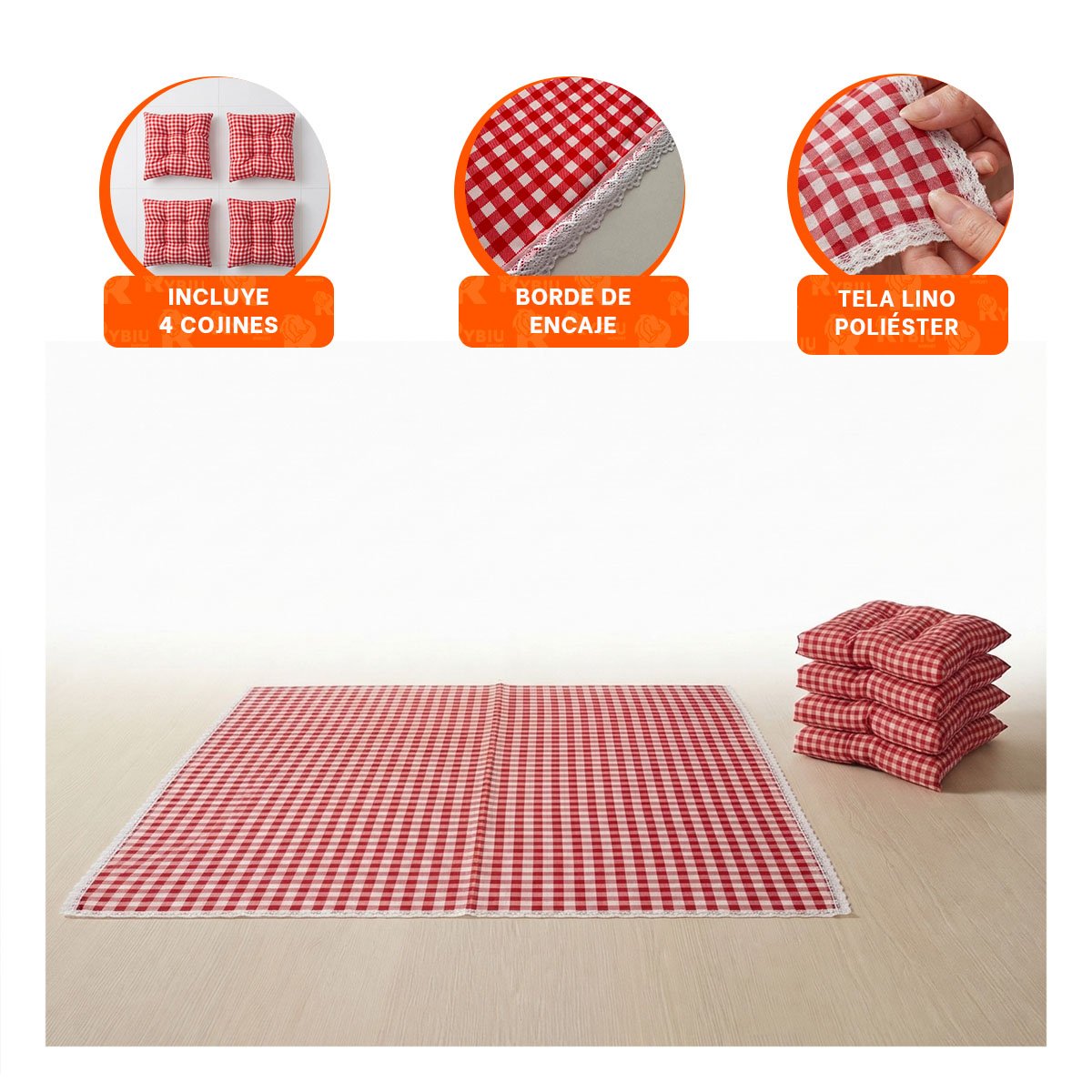 ALFOMBRA PICNIC Y 4 COJINES CON BORDE ENCAJE PASEOS FAMILIA ROJO Y BLANCO Y LIGAS REGALO - 4