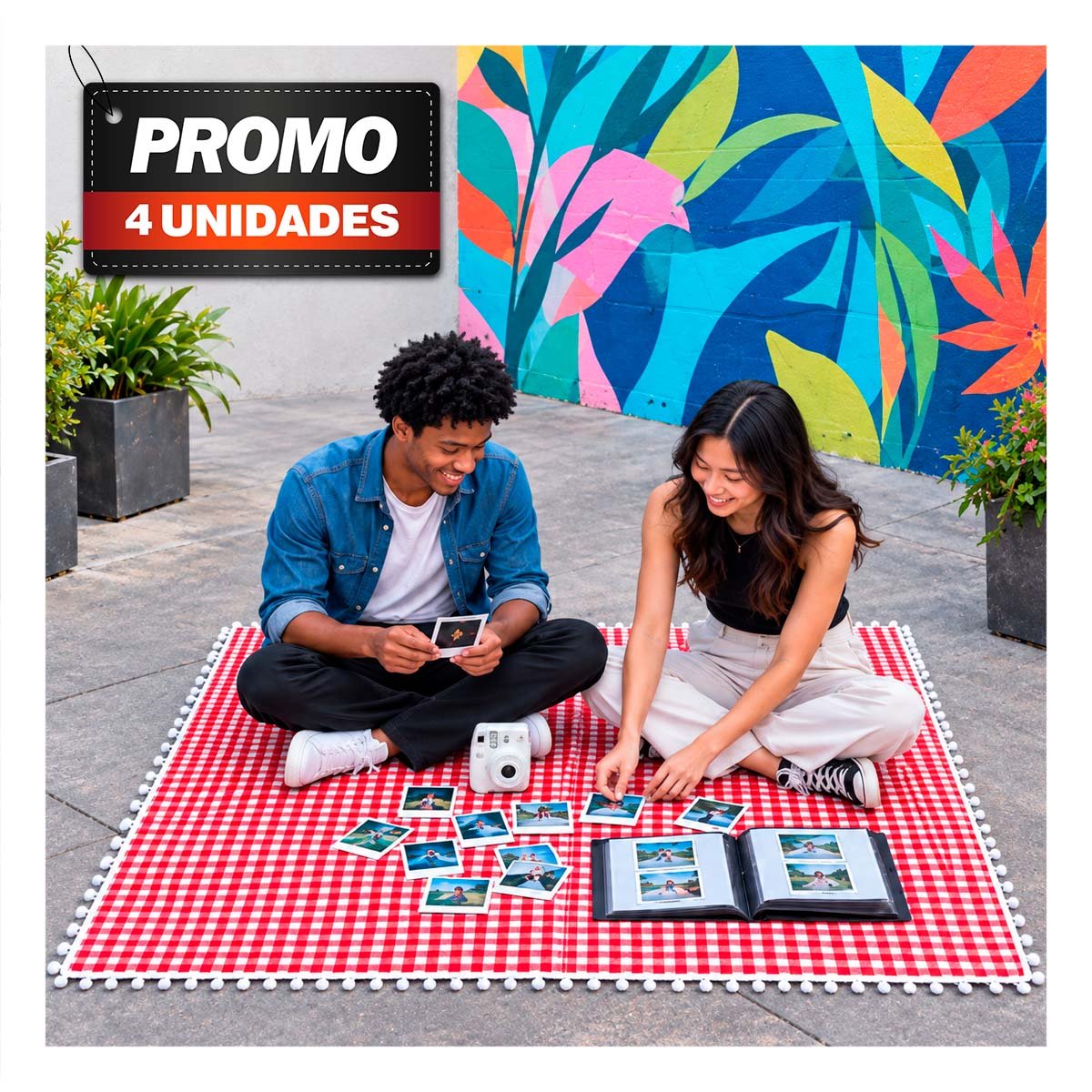 PACK4 ALFOMBRA PICNIC CON BORDE DE MINI POMPONES PARA AIRE LIBRE ROJO Y BLANCO - 1
