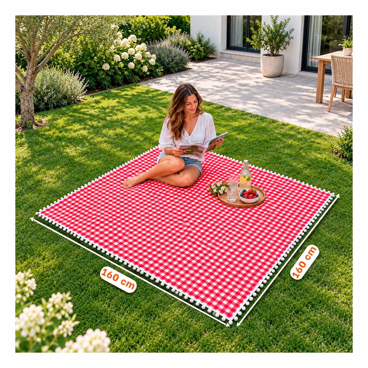 PACK4 ALFOMBRA PICNIC CON BORDE DE MINI POMPONES PARA AIRE LIBRE ROJO Y BLANCO - 2