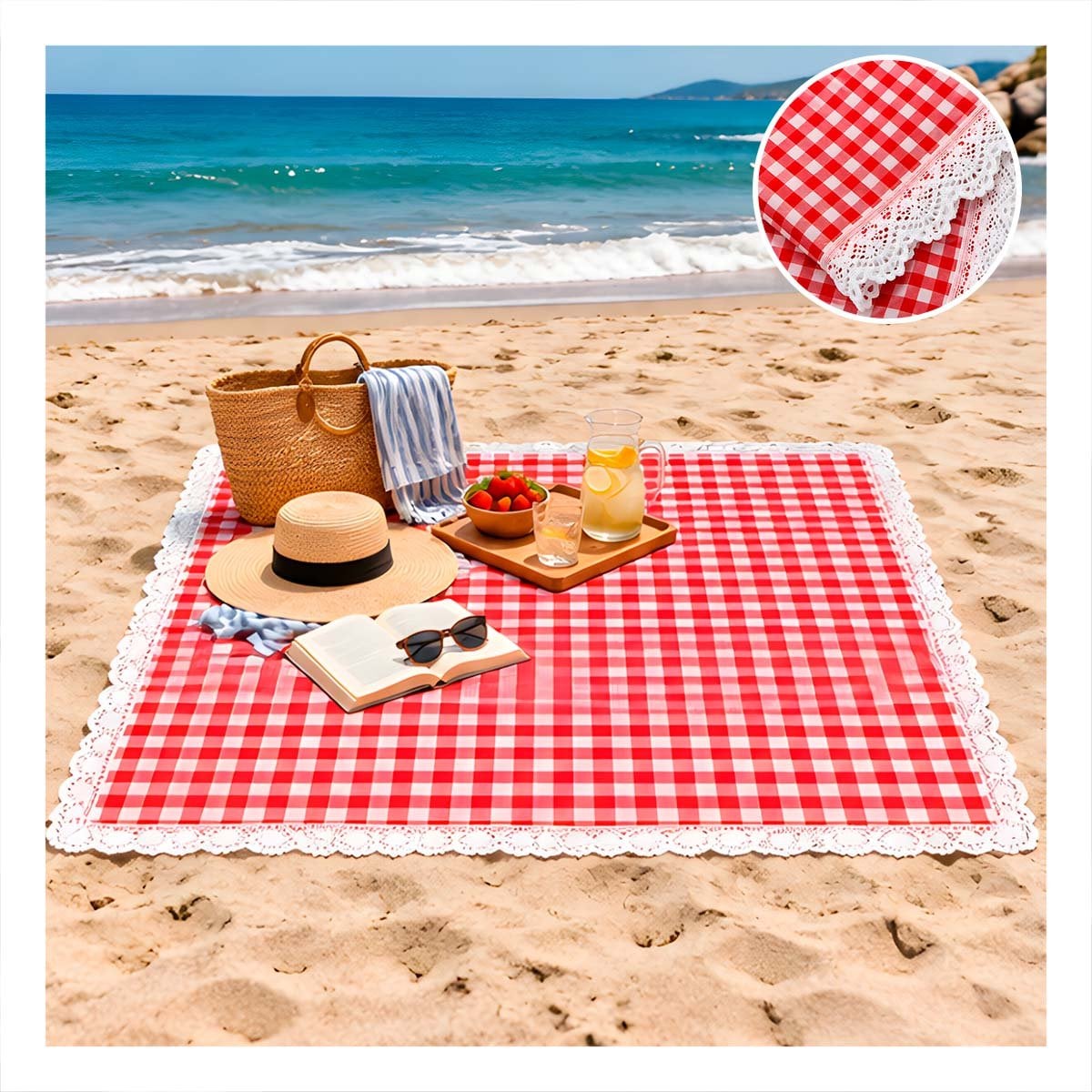 COBIJA PICNIC CON BORDE DE ENCAJE PARA SALIDAS DE CAMPO FACIL ROJO Y BLANCO Y PAPEL REGALO - 1