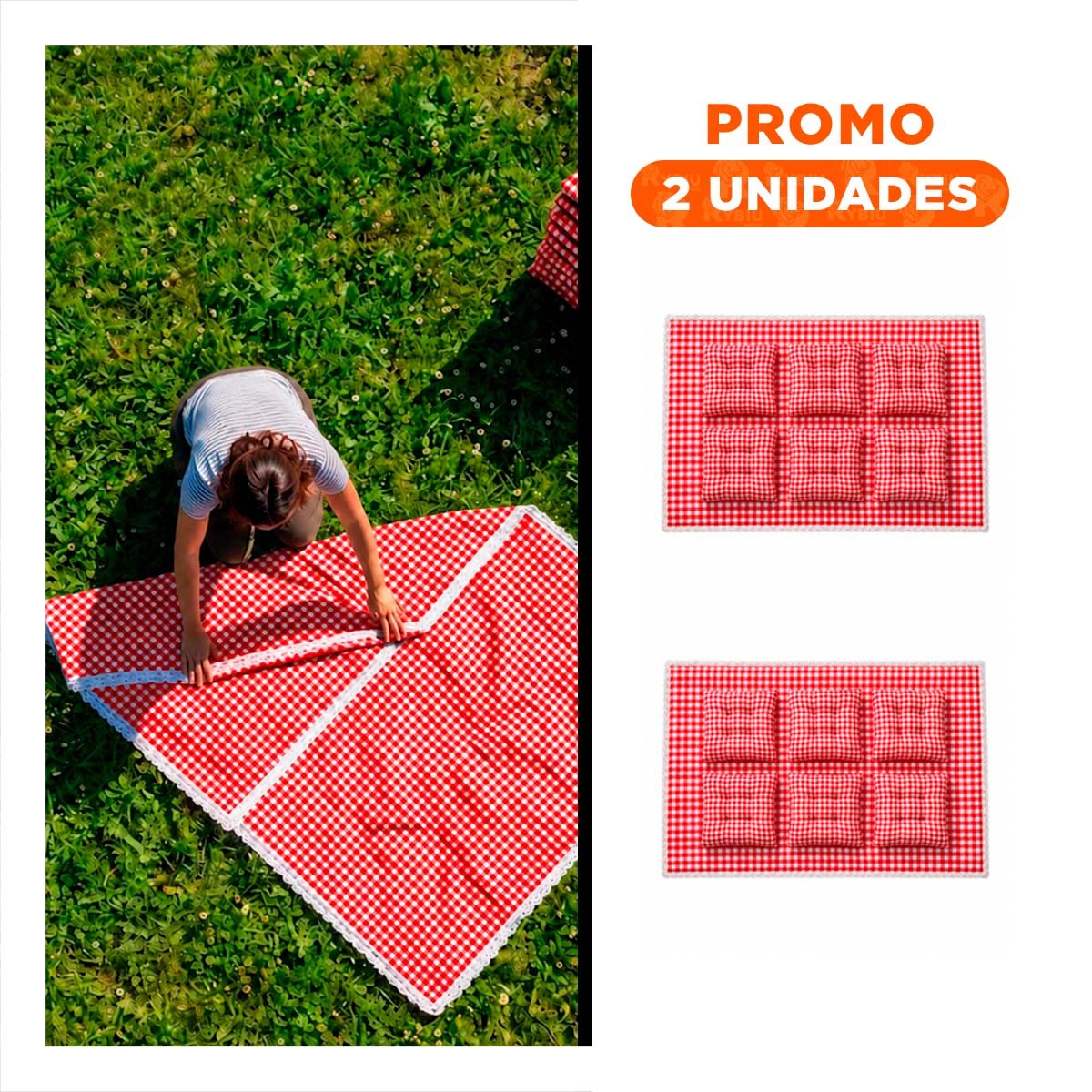 PACK2 LONA PICNIC Y 6 COJINES CON BORDE ENCAJE AIRE LIBRE PASEOS ROJO Y BLANCO YREGALO STICKER - 1