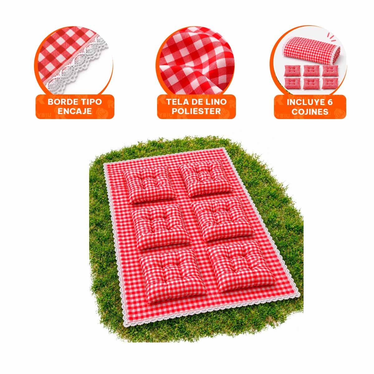 MANTA PICNIC Y 6 COJINES CON BORDE DE ENCAJE PARA CAMPO ROJO Y BLANCO - 4