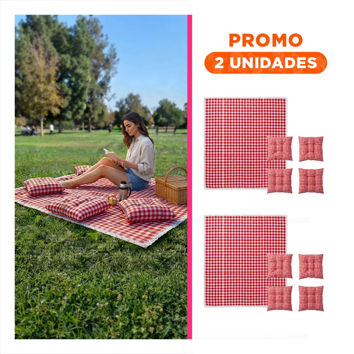 PACK2 ALFOMBRA PICNIC Y 4 COJINES CON BORDE DE ENCAJE PARA JARDIN ROJO Y BLANCO YREGALO STICKER - 1
