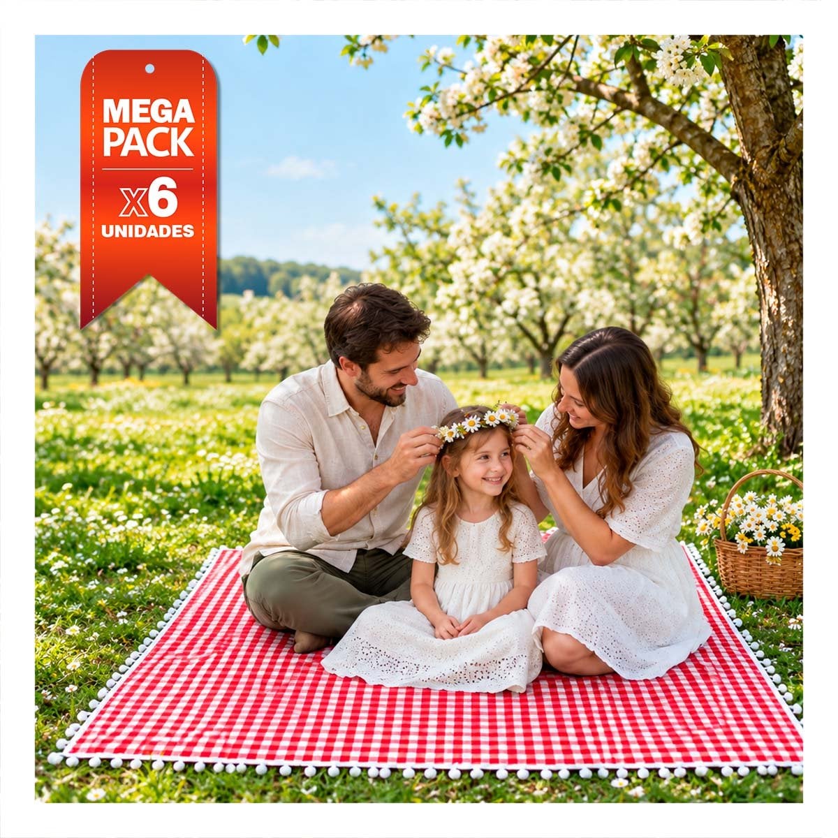 PACK6 MANTA PICNIC PARA TIEMPOS LIBRES CON BORDE DE MINI POMPONES ROJO Y BLANCO YPAPEL REGALO - 1