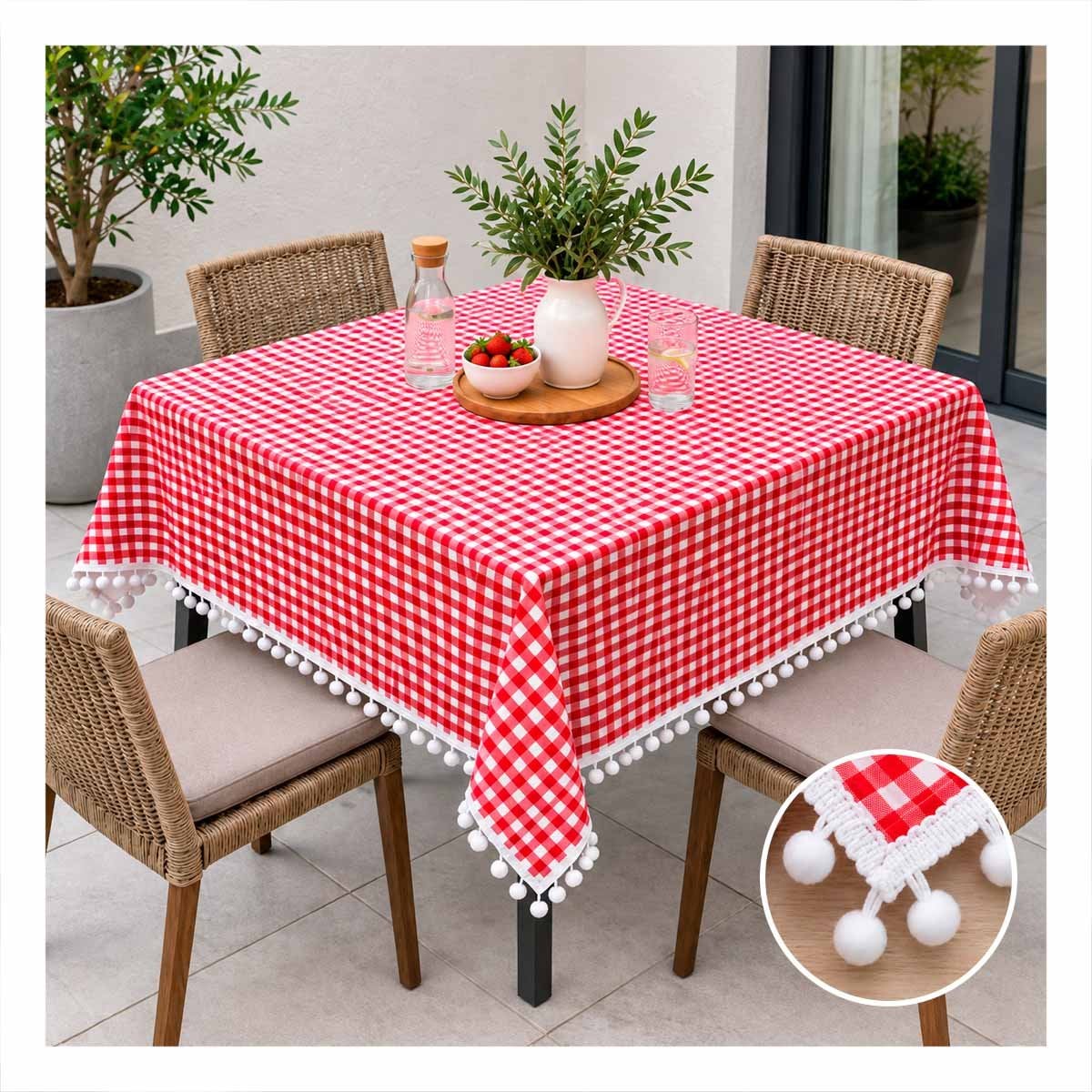 PACK6 MANTA PICNIC PARA TIEMPOS LIBRES CON BORDE DE MINI POMPONES ROJO Y BLANCO YPAPEL REGALO - 3