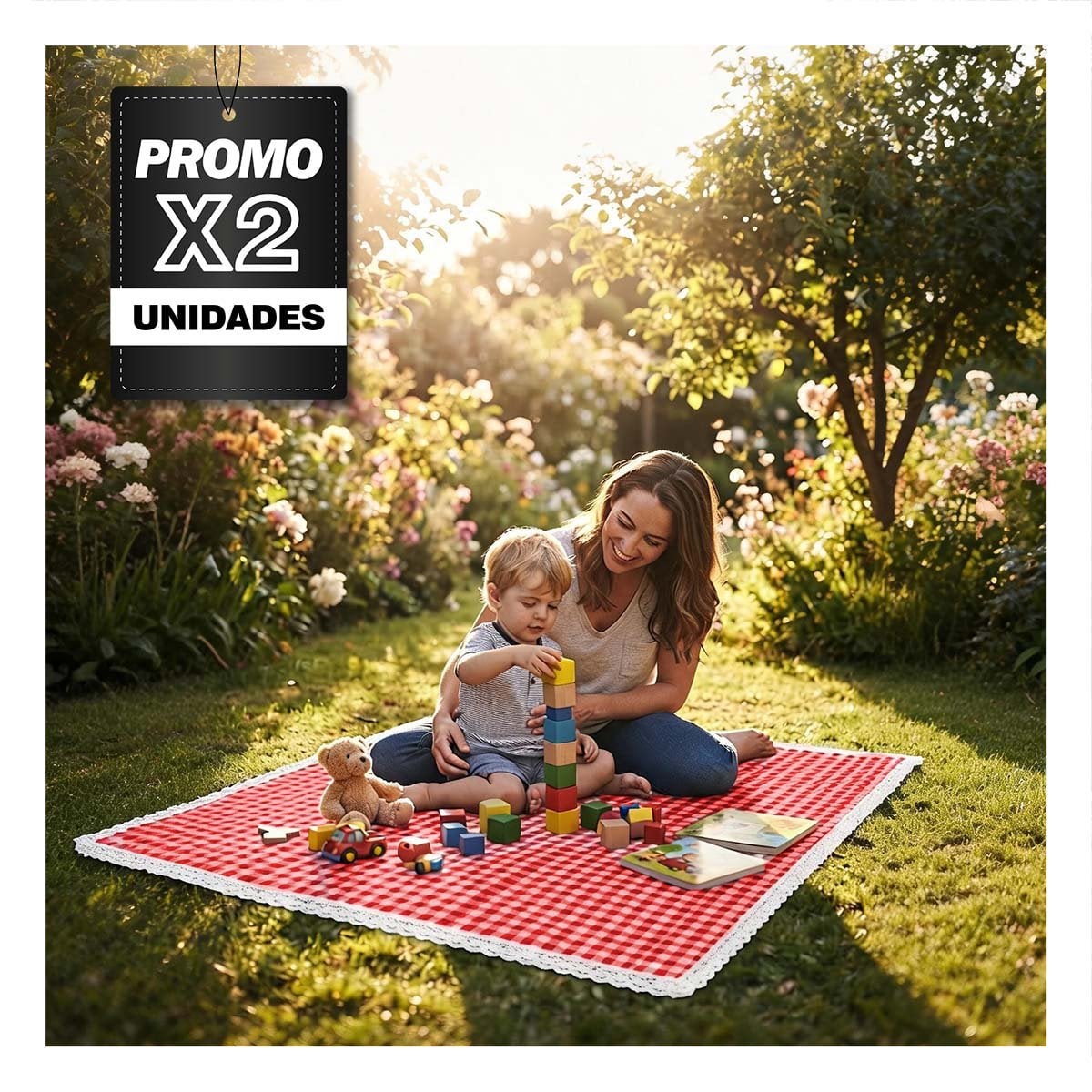 PACK2 COBIJA PICNIC CON BORDE DE ENCAJE PARA DISFRUTAR EN FAMILIA ROJO Y BLANCO - 1