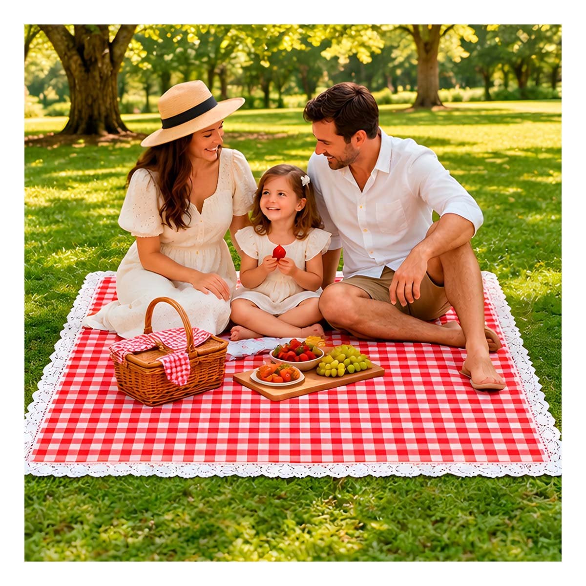 PACK2 COBIJA PICNIC CON BORDE DE ENCAJE PARA DISFRUTAR EN FAMILIA ROJO Y BLANCO - 3