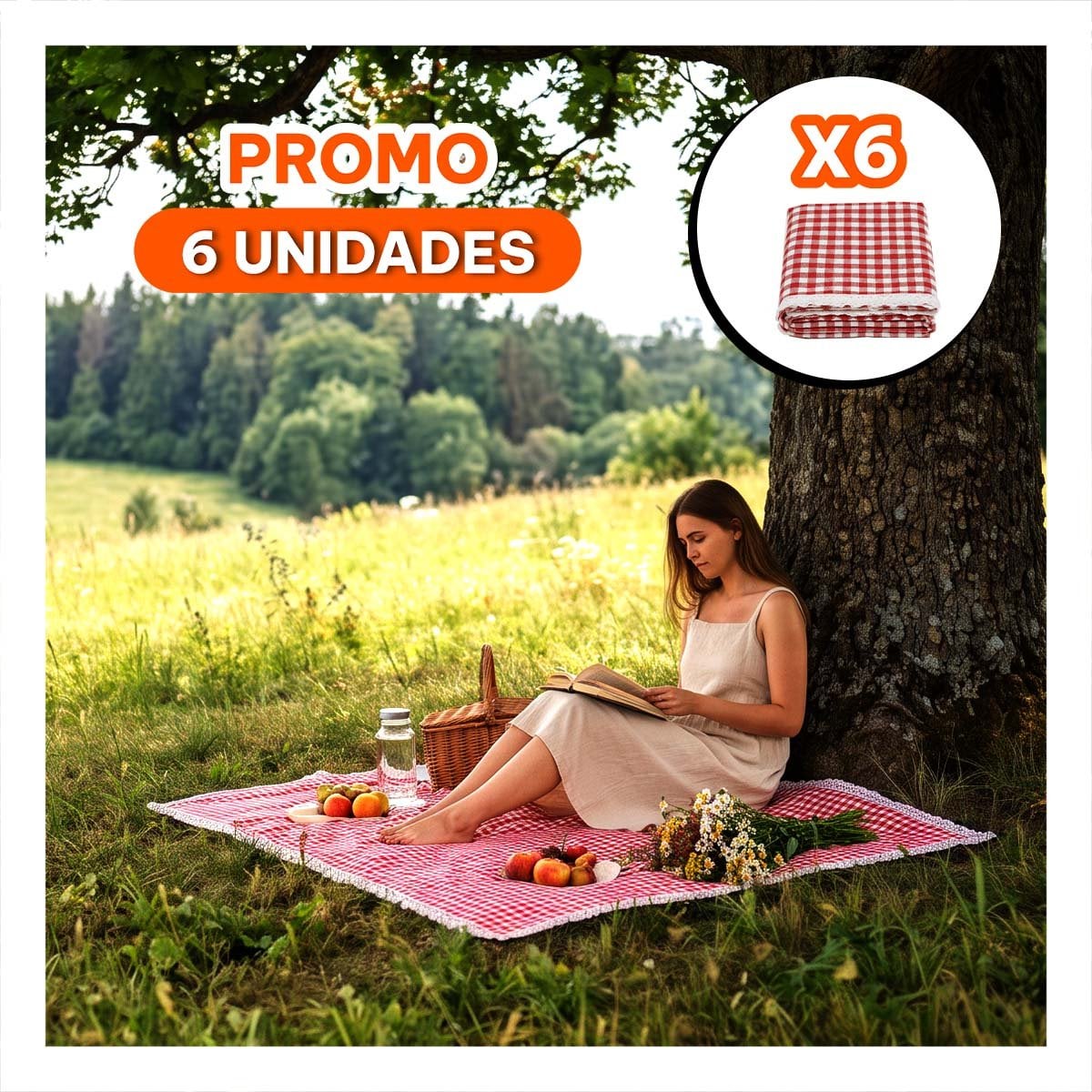 PACK6 MANTA PICNIC DE CAMPO CON BORDE DE ENCAJE PARA PASEOS ROJO Y BLANCO YREGALO STICKER - 1