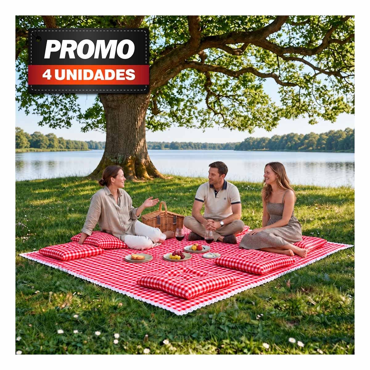 PACK4 ALFOMBRA PICNIC Y 6 COJINES CON BORDE DE ENCAJE PARA CAMPO ROJO Y BLANCO - 1