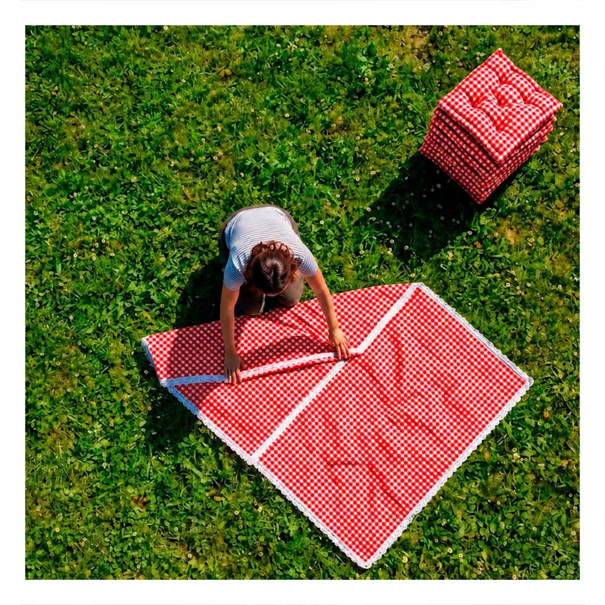 PACK4 ALFOMBRA PICNIC Y 6 COJINES CON BORDE DE ENCAJE PARA CAMPO ROJO Y BLANCO - 3