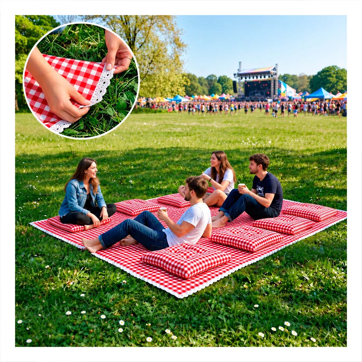 PACK2 COBIJA PICNIC Y 6 COJINES CON BORDE DE ENCAJE SALIDAS CAMPO ROJO Y BLANCO YPAPEL REGALO - 3