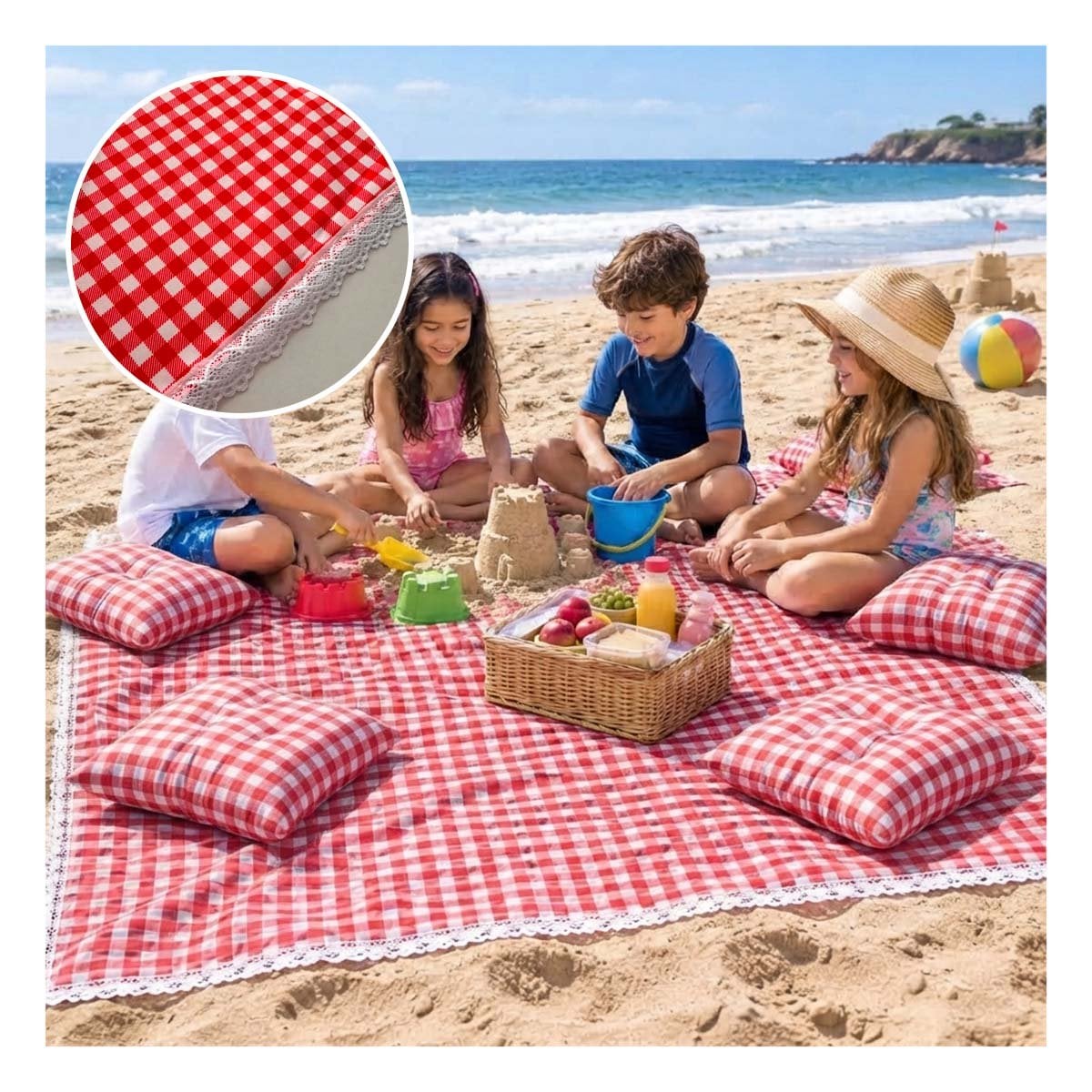 COBIJA PICNIC Y 4 COJINES CON BORDE DE ENCAJE PARA SALIDAS ROJO Y BLANCO Y PAPEL REGALO - 1