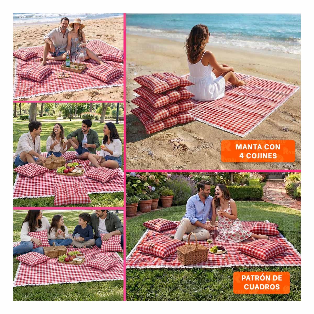 COBIJA PICNIC Y 4 COJINES CON BORDE DE ENCAJE PARA SALIDAS ROJO Y BLANCO Y PAPEL REGALO - 3