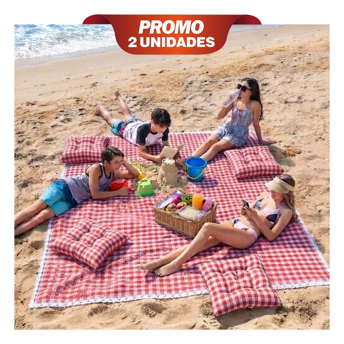 PACK2 COBIJA PICNIC Y 4 COJINES CON BORDE DE ENCAJE SALIDAS CAMPO ROJO Y BLANCO YPAPEL REGALO - 1