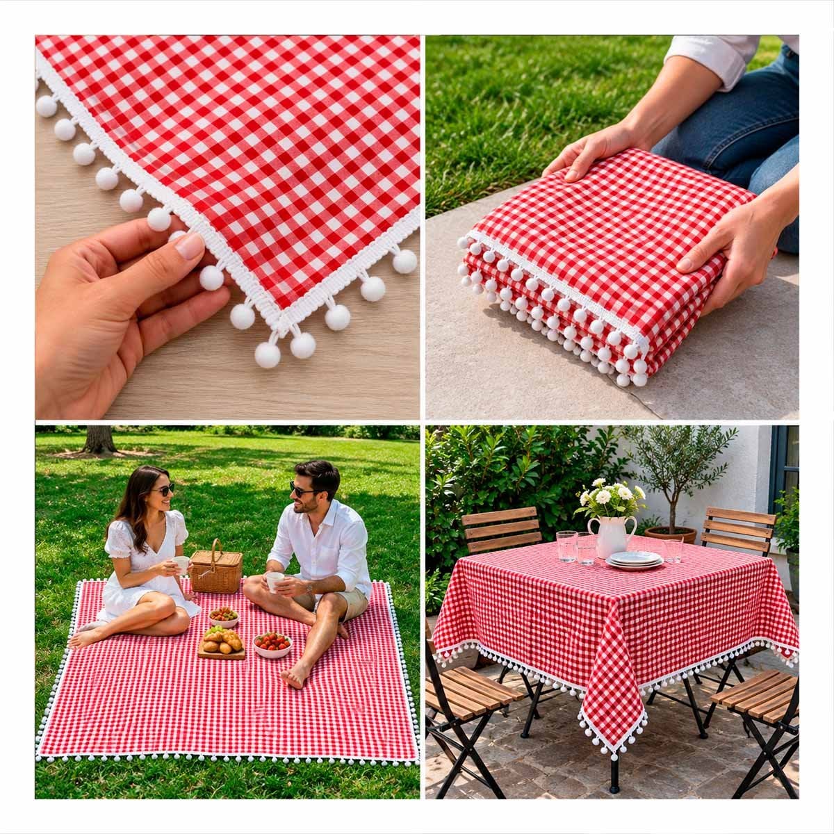 LONA PICNIC CON BORDE DE MINI POMPONES PARA PARQUE Y JARDIN ROJO Y BLANCO Y REGALO STICKER - 3