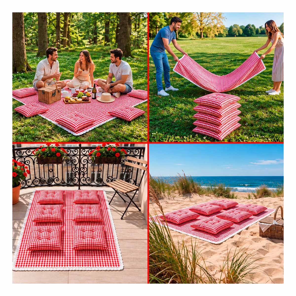 COBIJA PICNIC Y 6 COJINES CON BORDE DE ENCAJE PARA SALIDAS ROJO Y BLANCO Y PAPEL REGALO - 3
